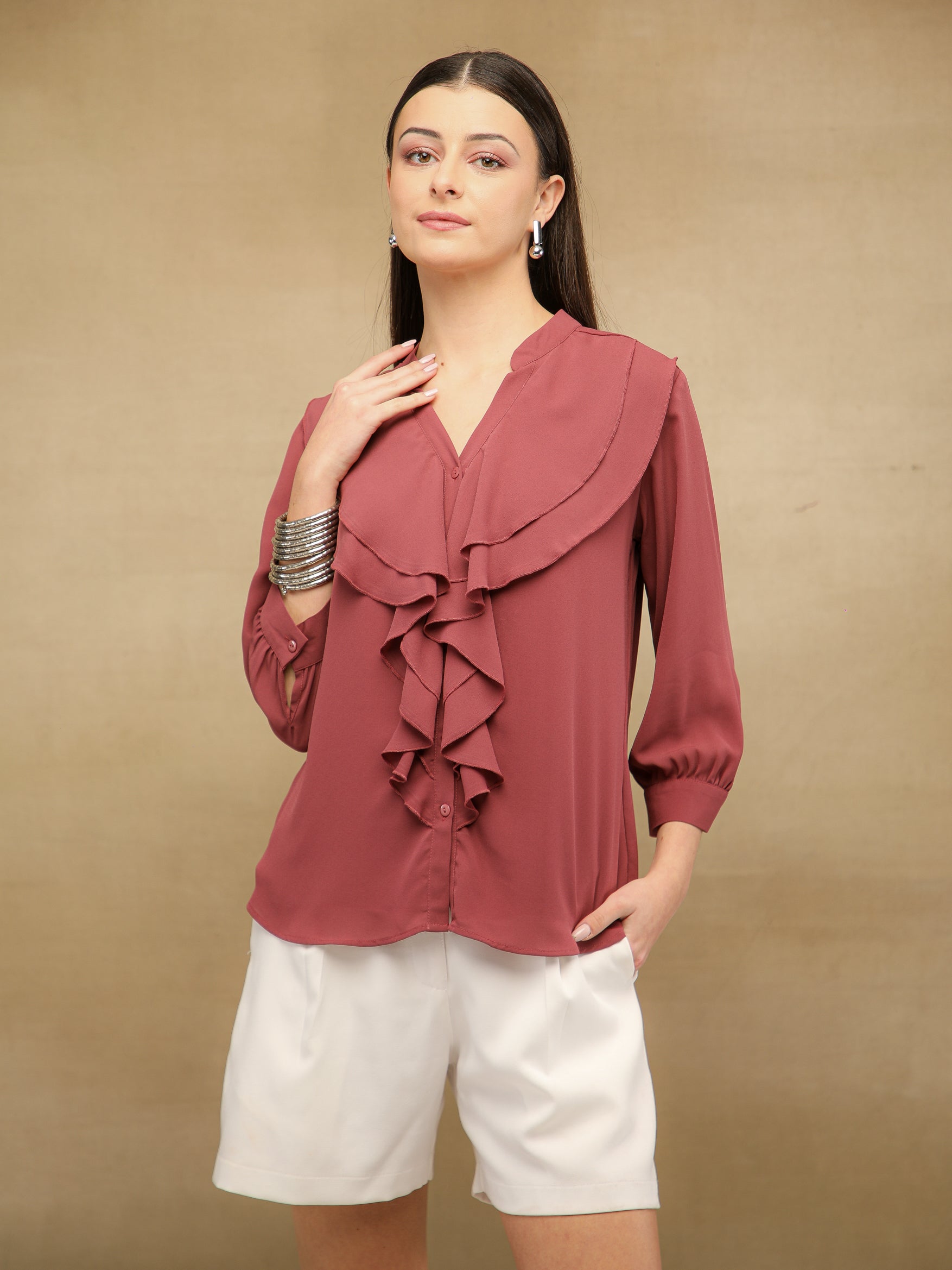 Dusty Pink Front Frill Shirt