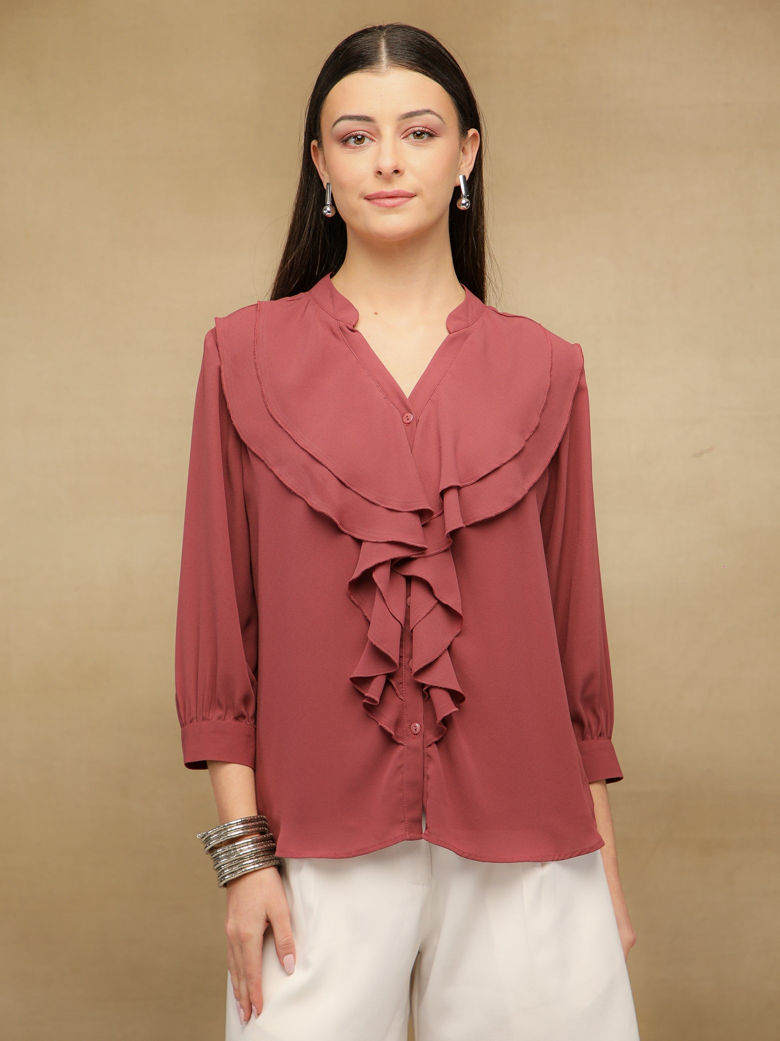 Dusty Pink Front Frill Shirt