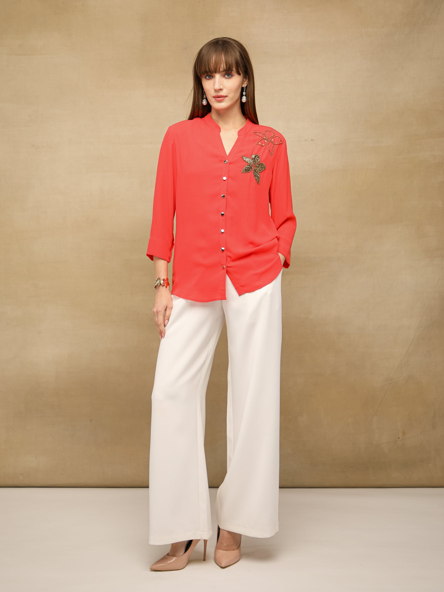 Dual Floral Sequins Coral Shirt
