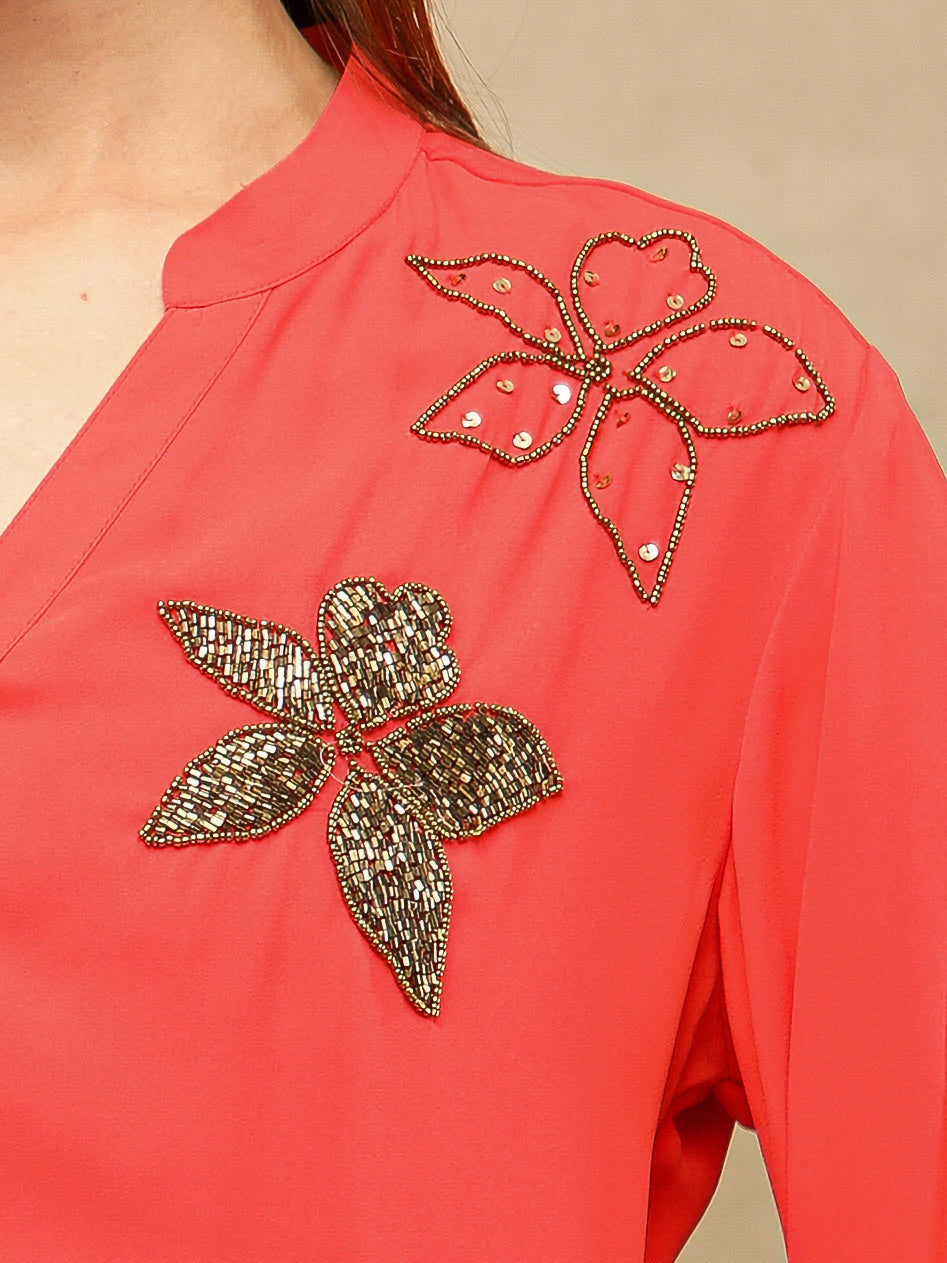 Dual Floral Sequins Coral Shirt