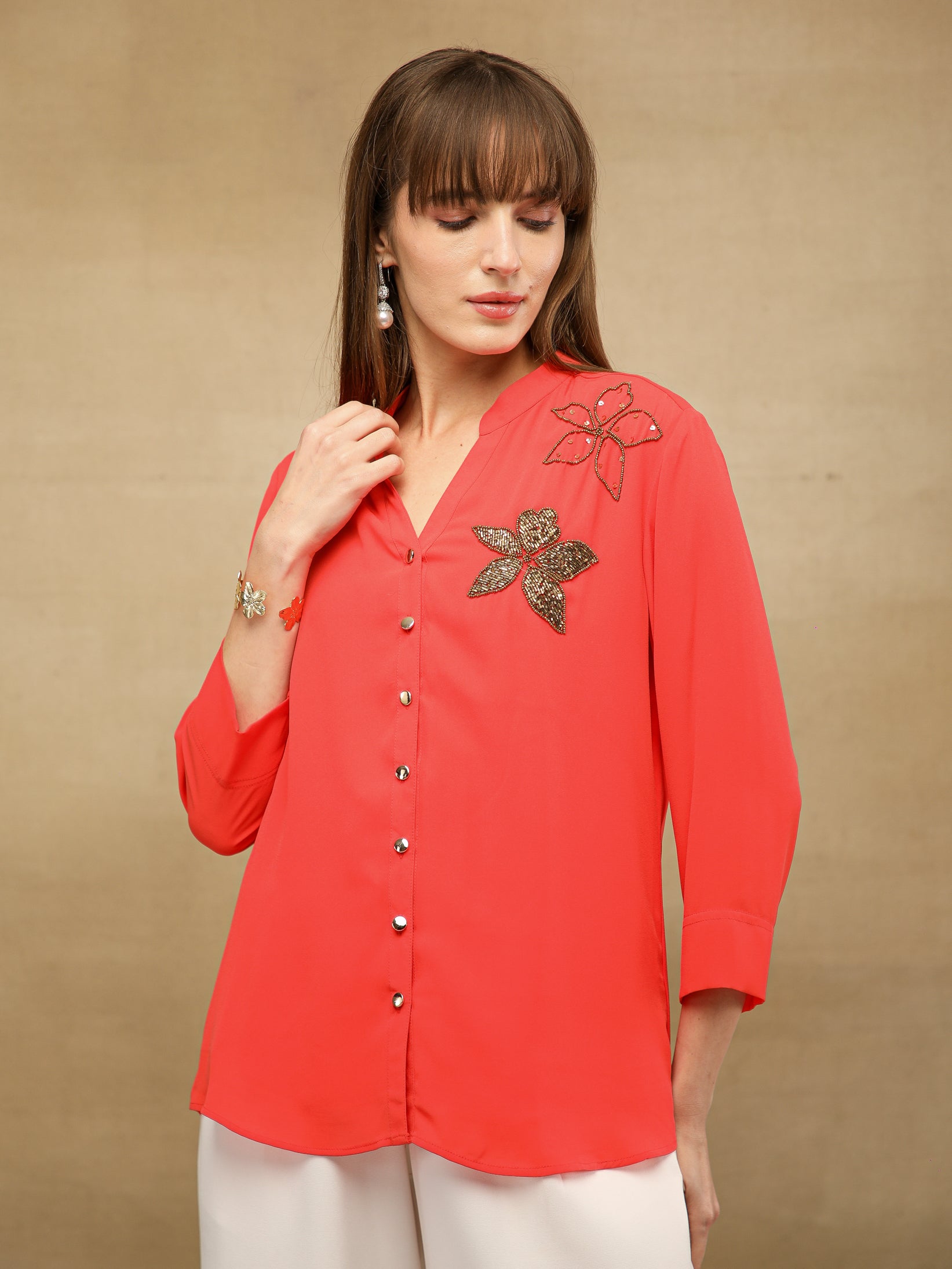 Dual Floral Sequins Coral Shirt