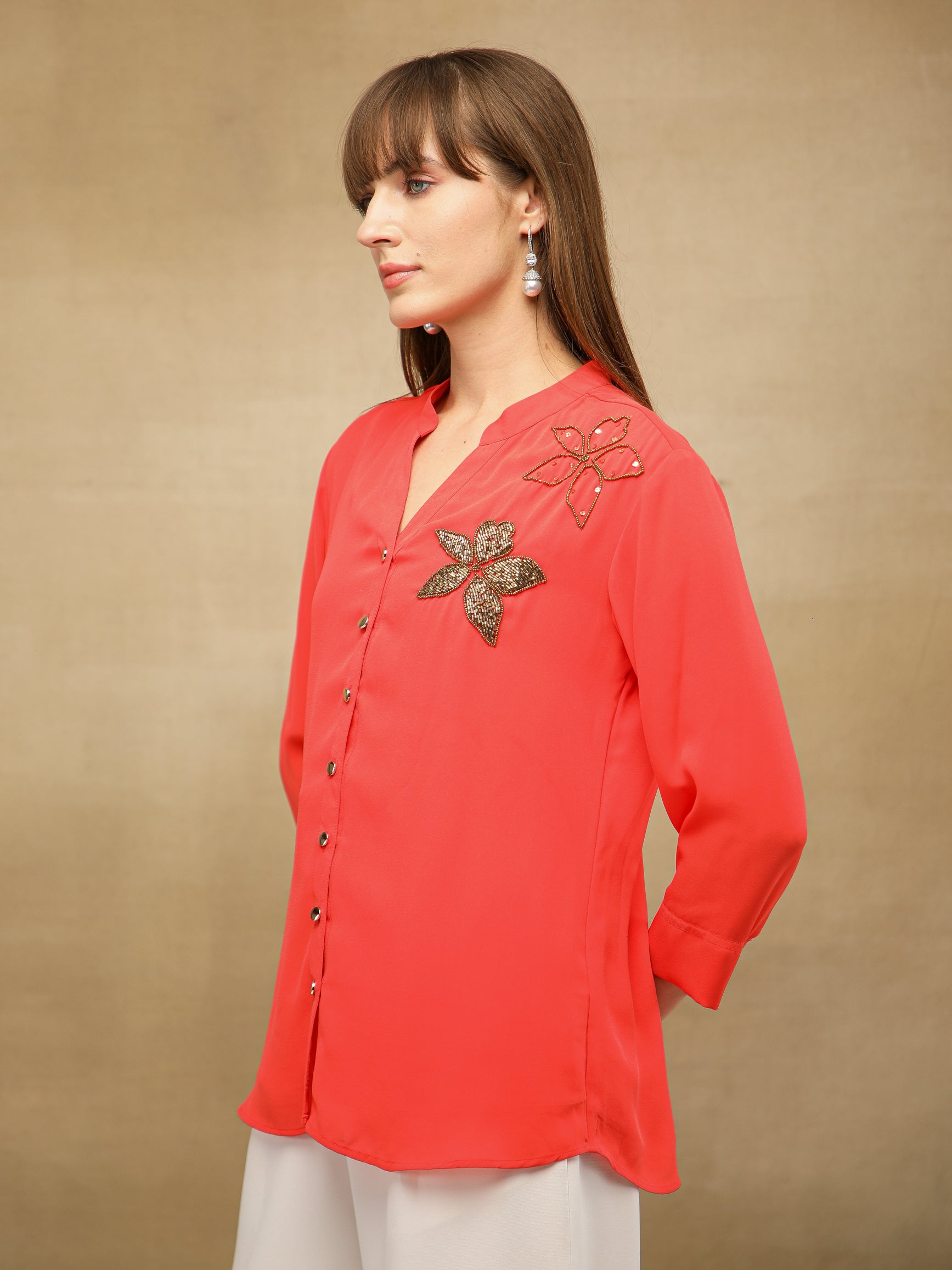 Dual Floral Sequins Coral Shirt