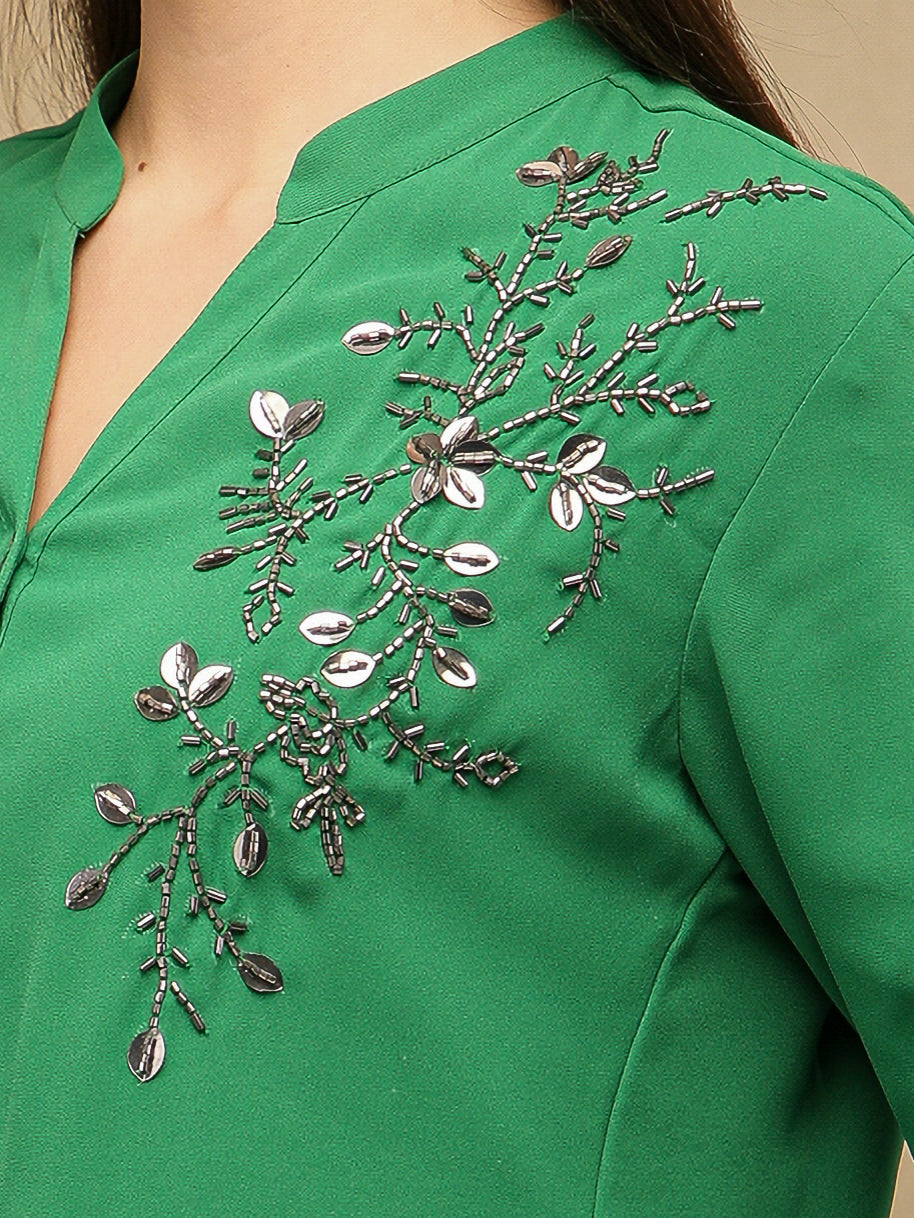 Fern Sequins Georgette Green Shirt