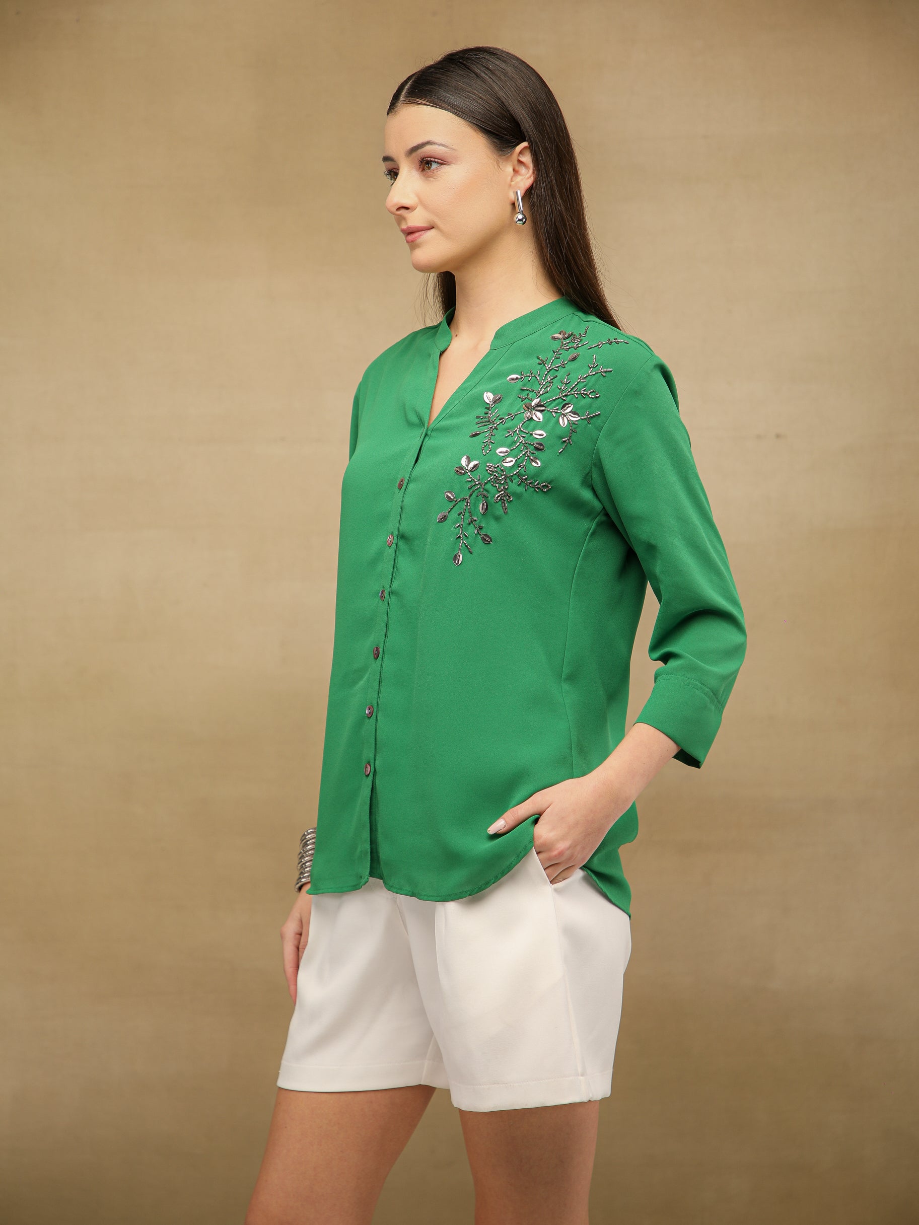 Fern Sequins Georgette Green Shirt