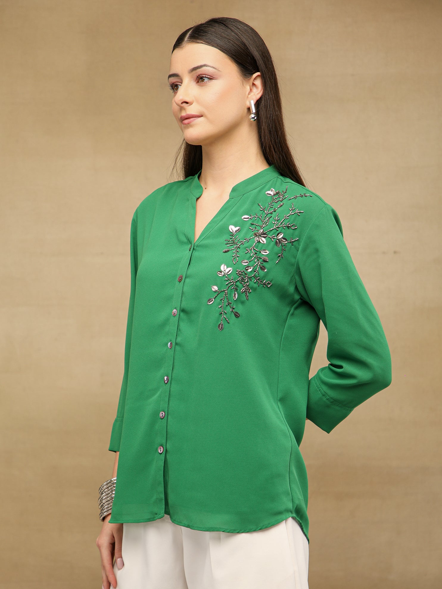 Fern Sequins Georgette Green Shirt