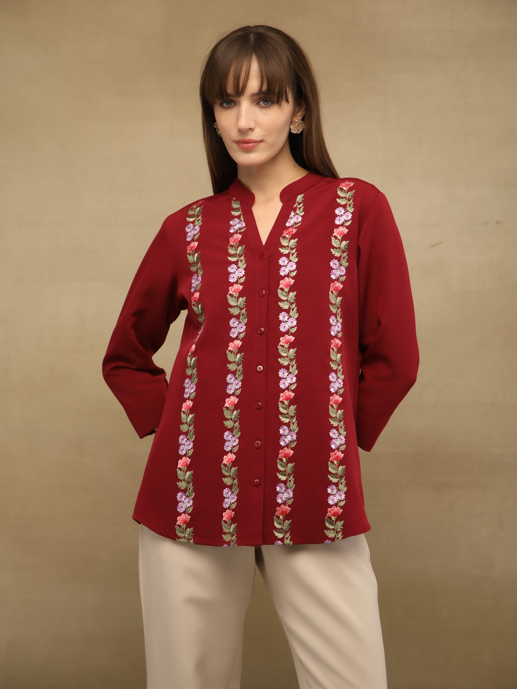 Panelled Embroidery Maroon Shirt