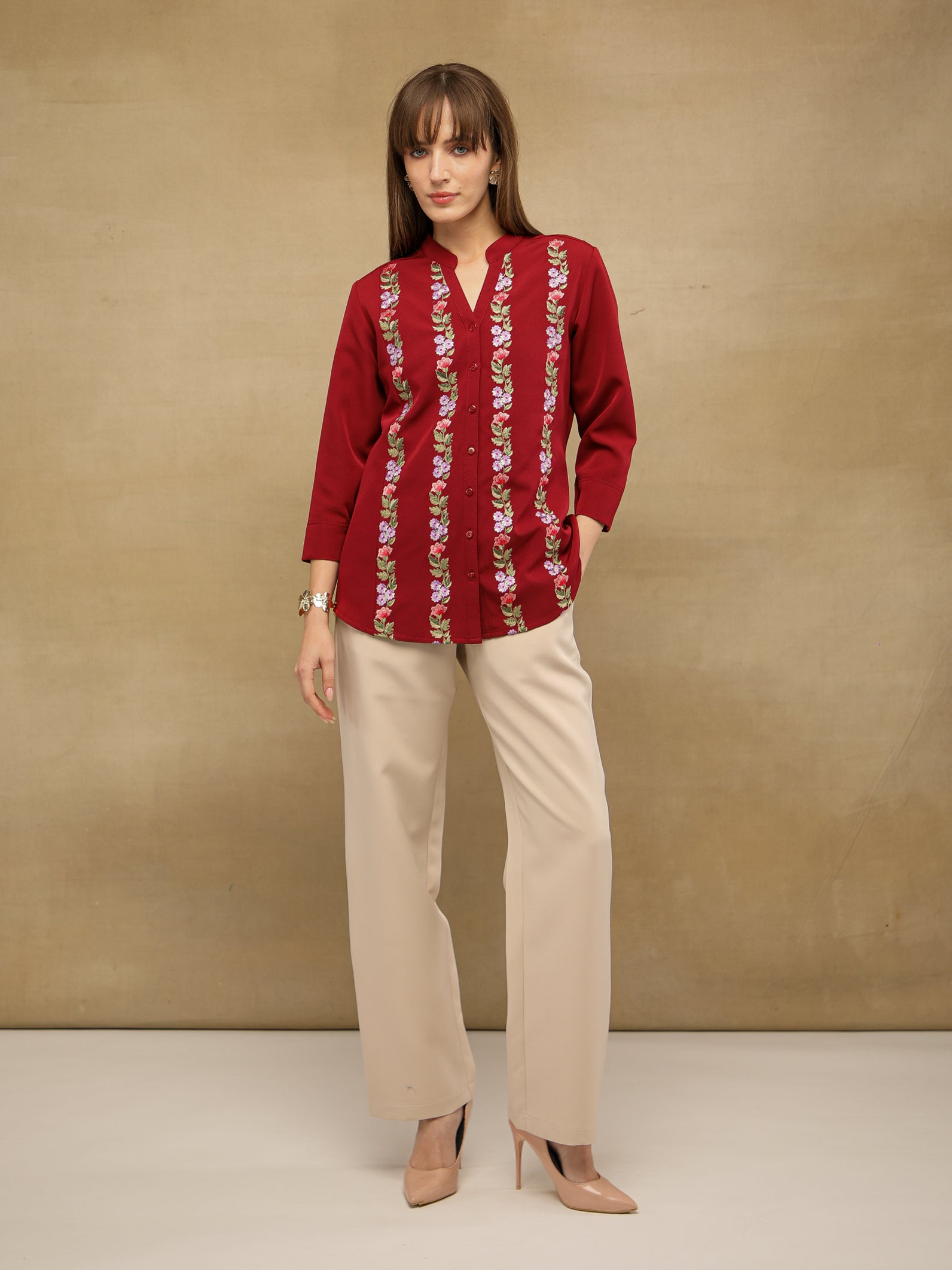 Panelled Embroidery Maroon Shirt
