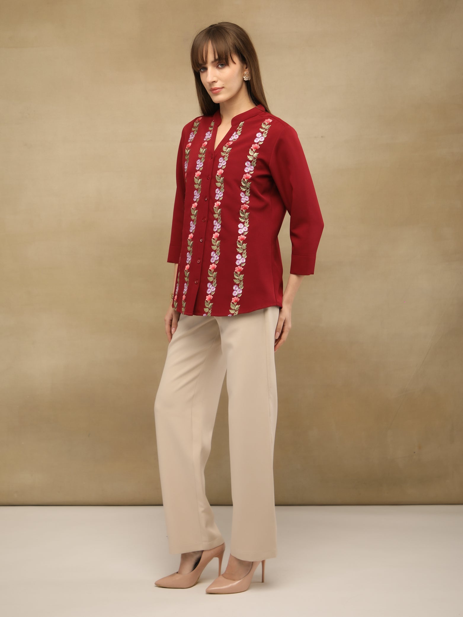 Panelled Embroidery Maroon Shirt