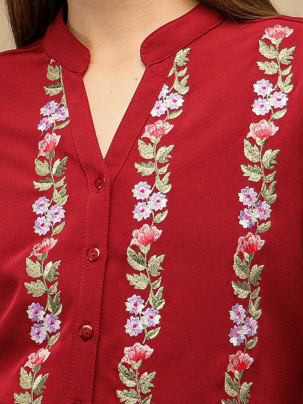 Panelled Embroidery Maroon Shirt