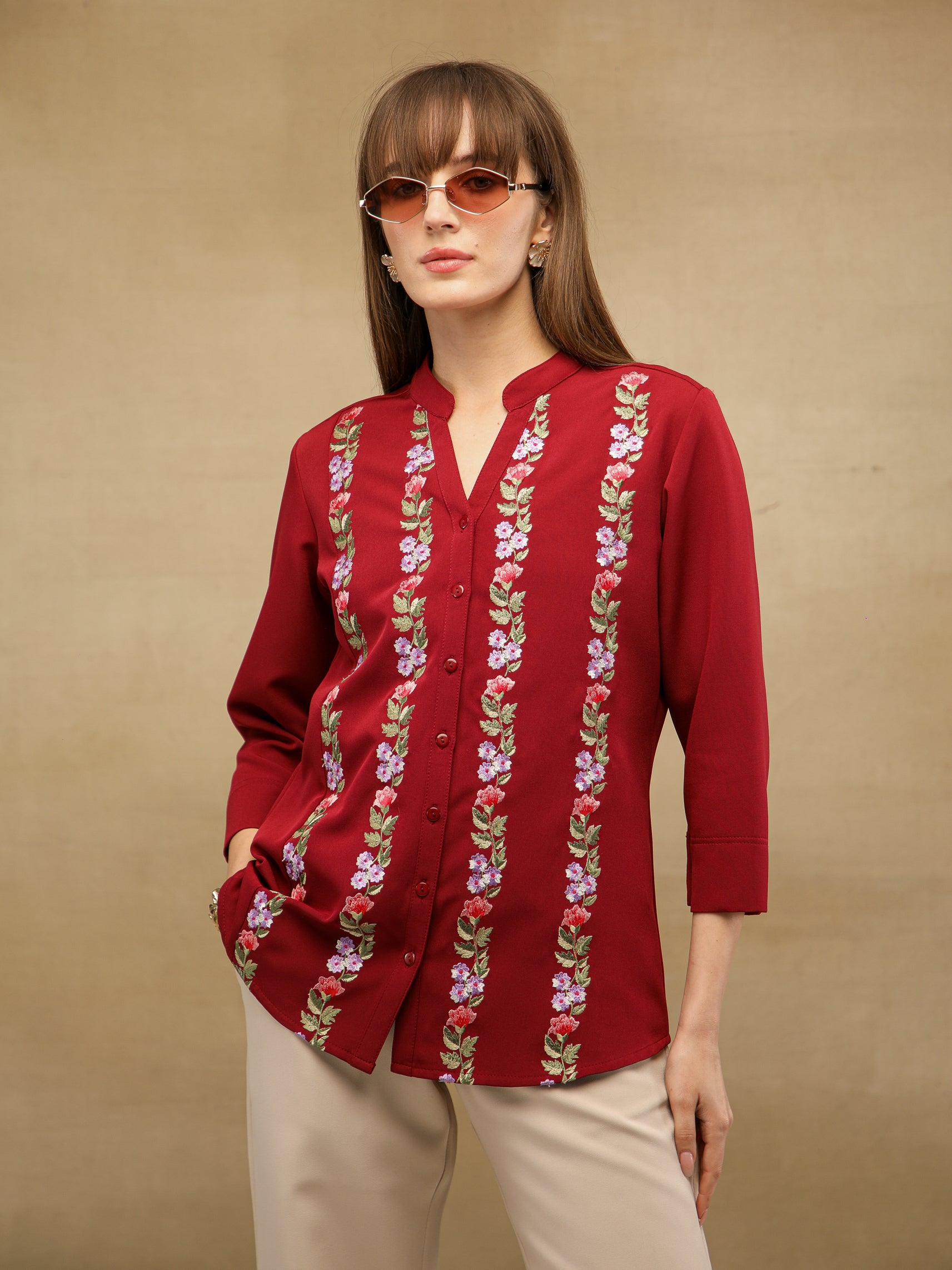 Panelled Embroidery Maroon Shirt