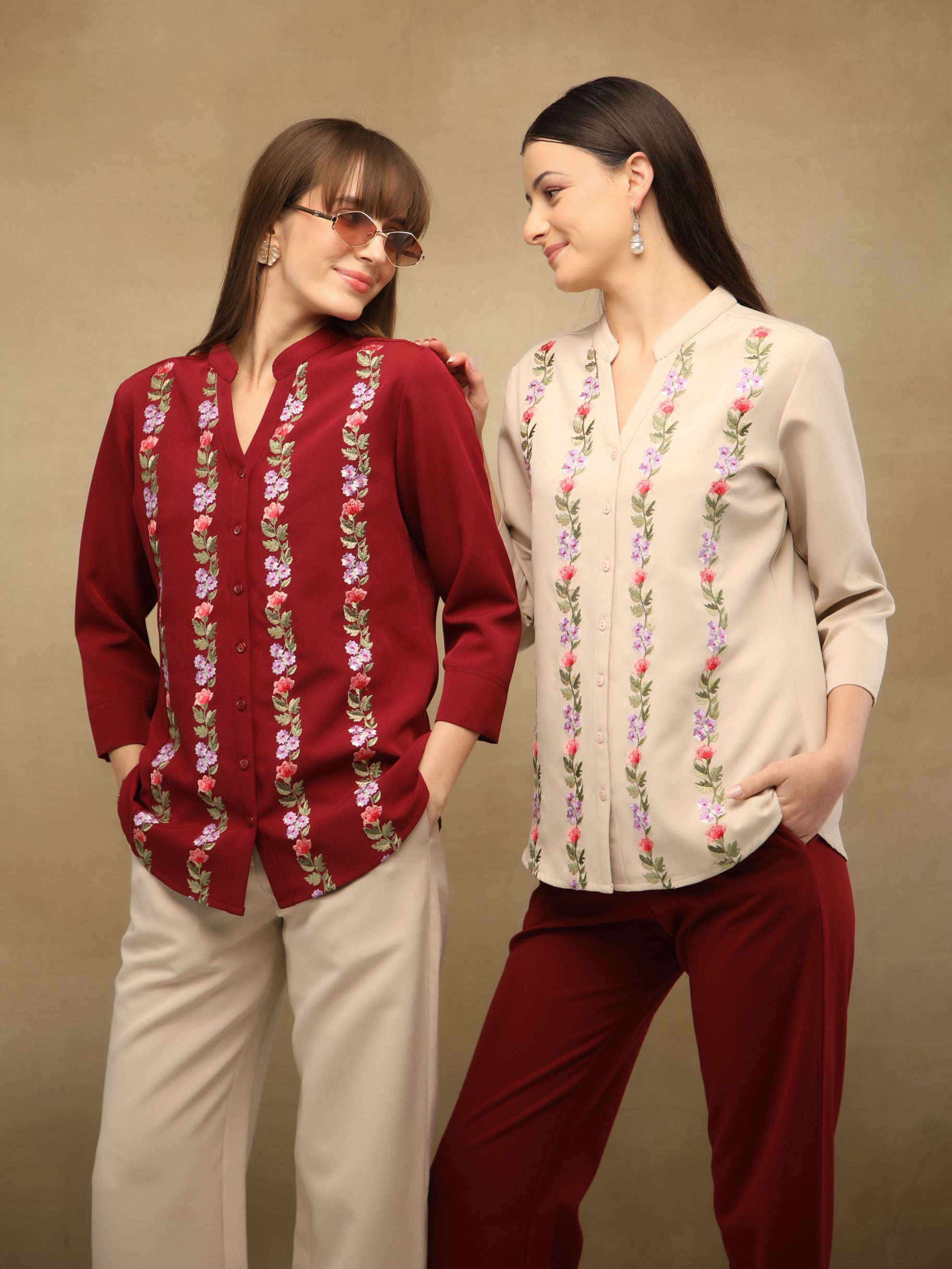 Panelled Embroidery Maroon Shirt