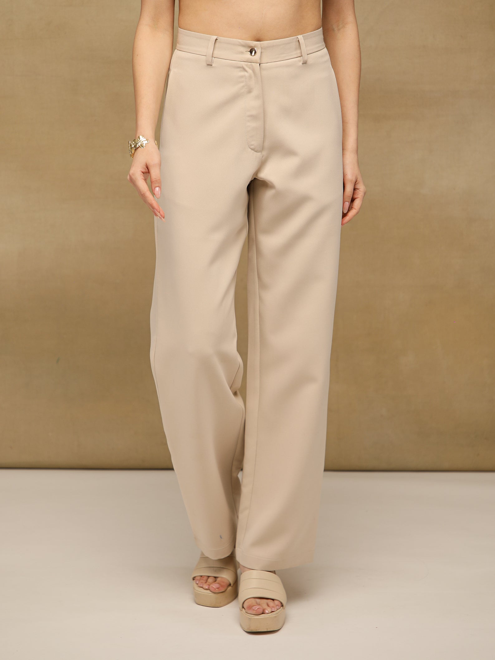 Beige High Waist Straight Leg Pants