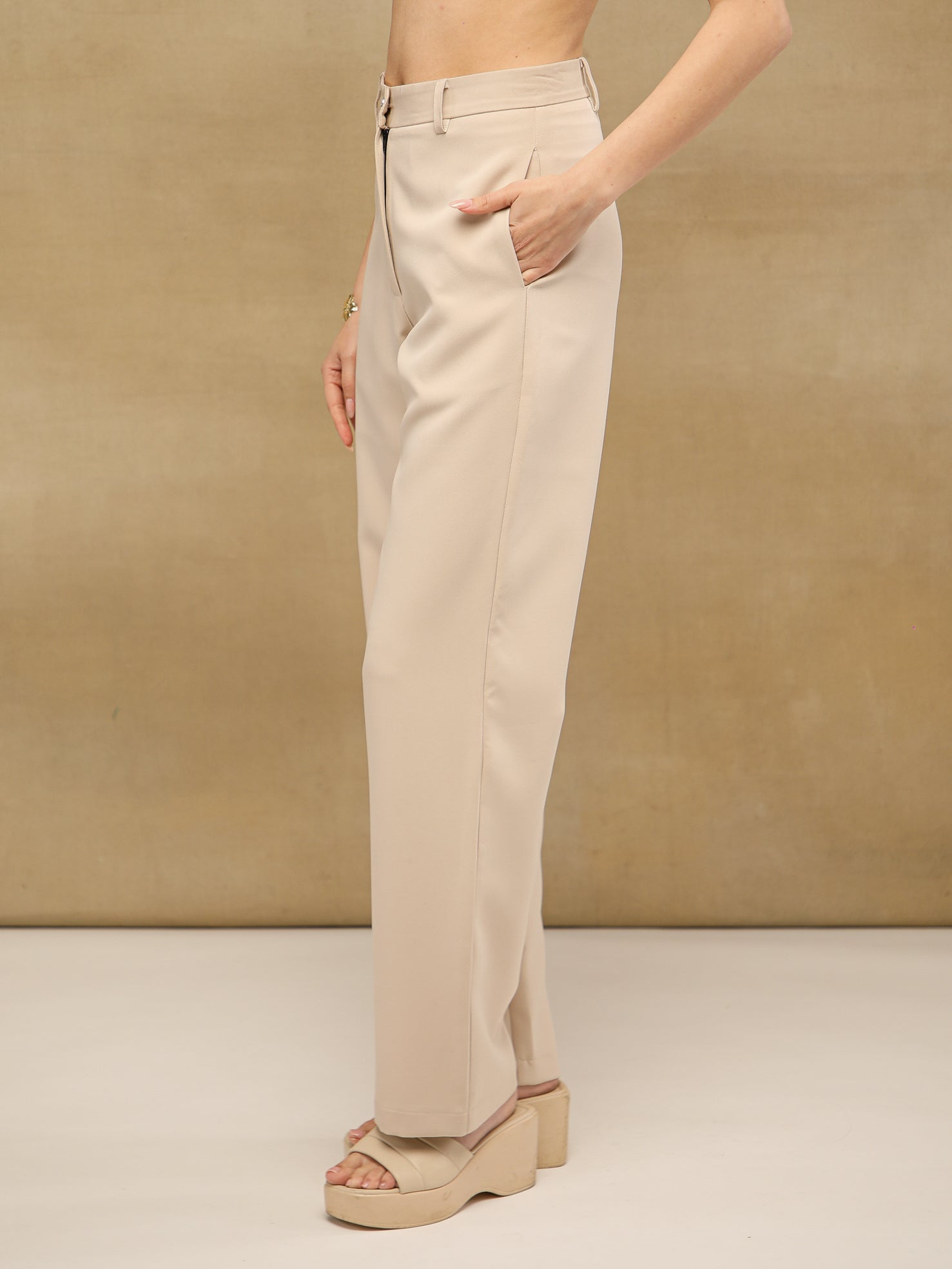 Beige High Waist Straight Leg Pants