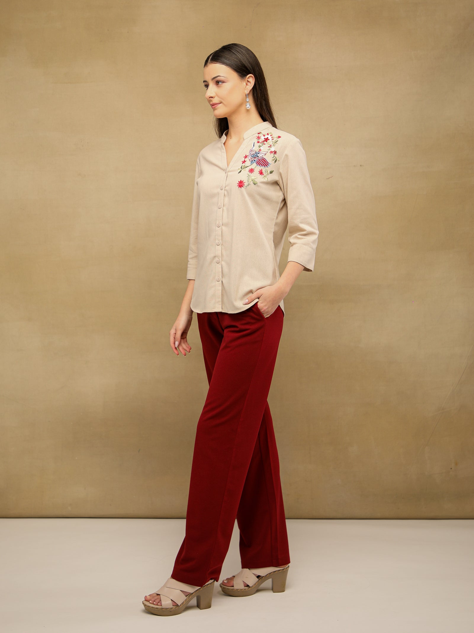 Linen Bird Embroidered Beige Shirt