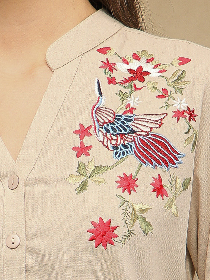 Linen Bird Embroidered Beige Shirt