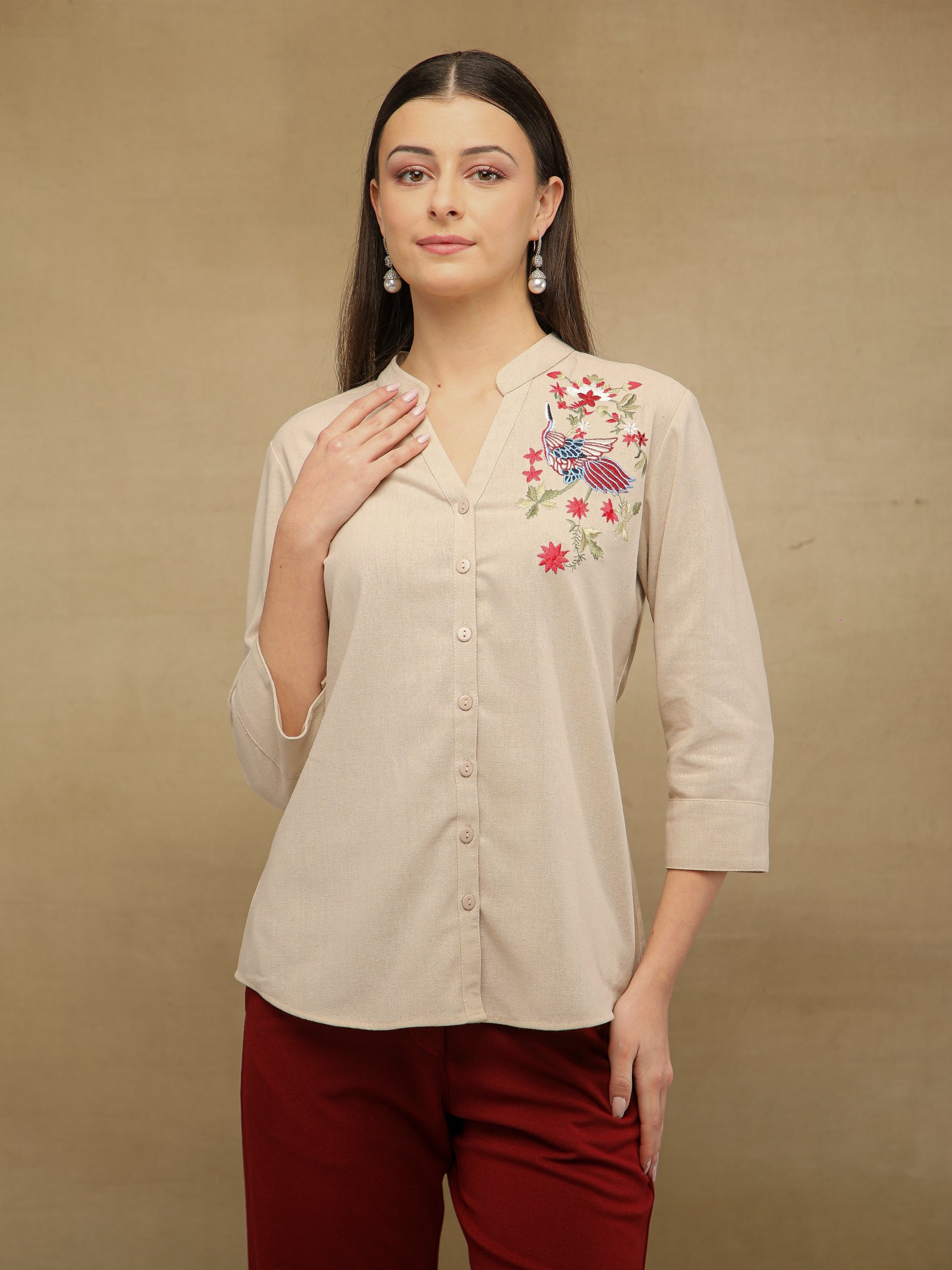 Linen Bird Embroidered Beige Shirt