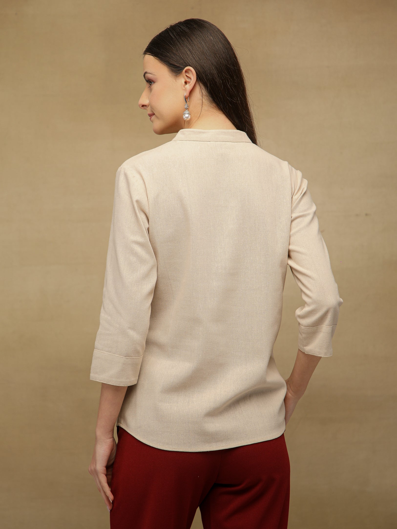 Linen Bird Embroidered Beige Shirt