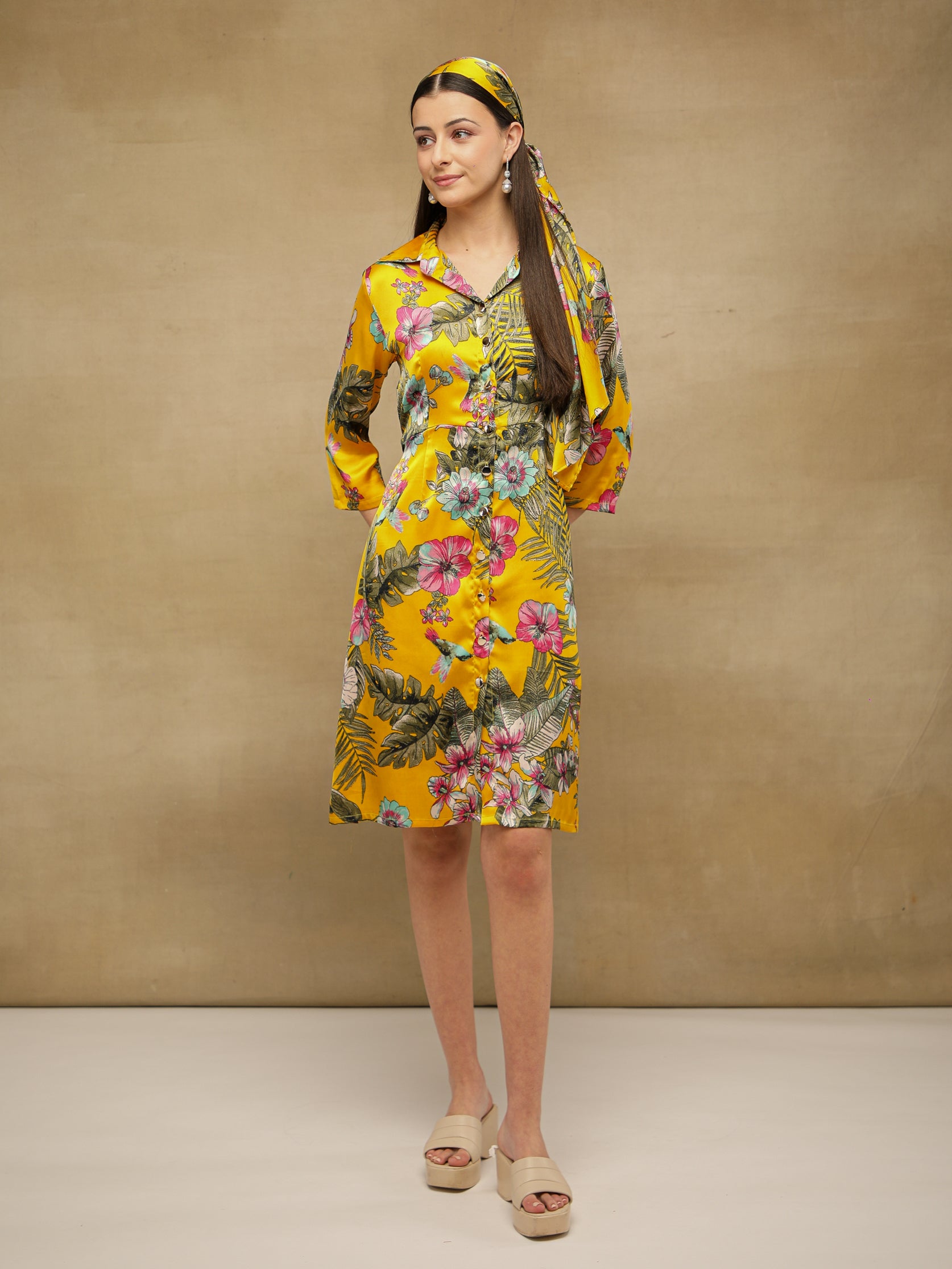Palm Breeze Yellow Midi Satin Dress