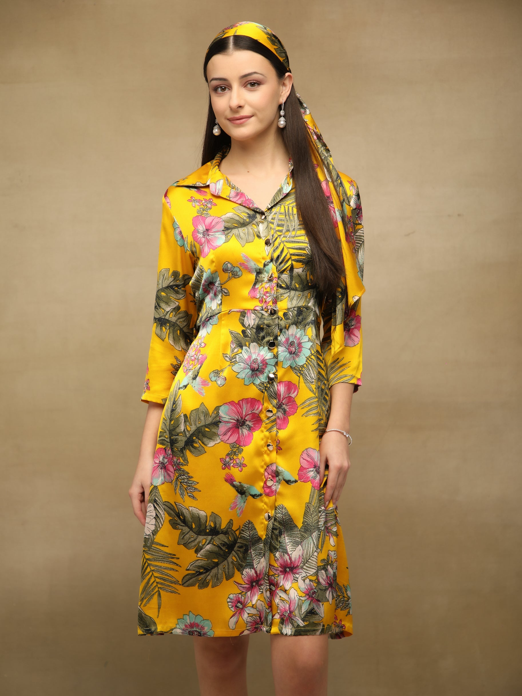 Palm Breeze Yellow Midi Satin Dress