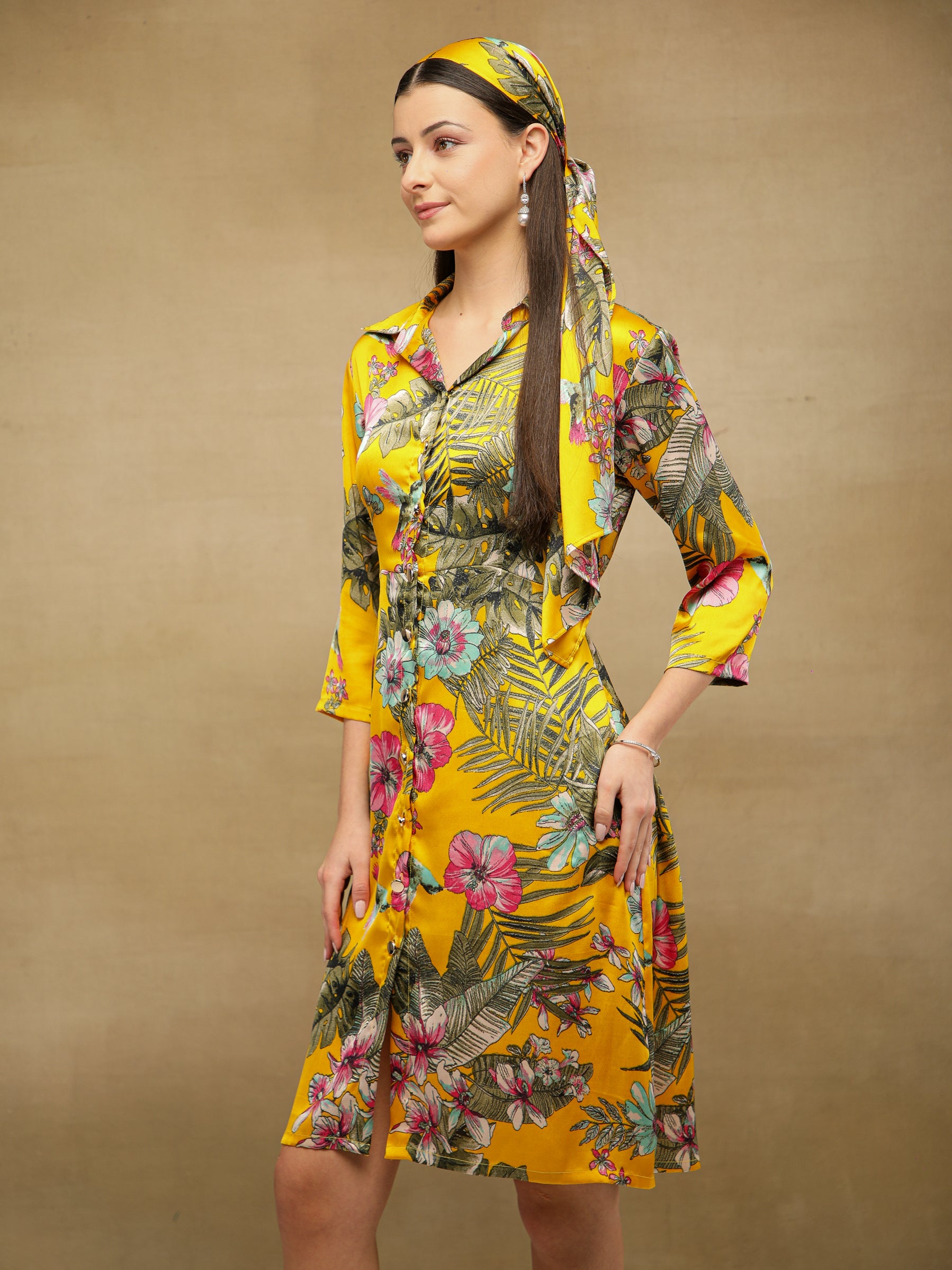 Palm Breeze Yellow Midi Satin Dress