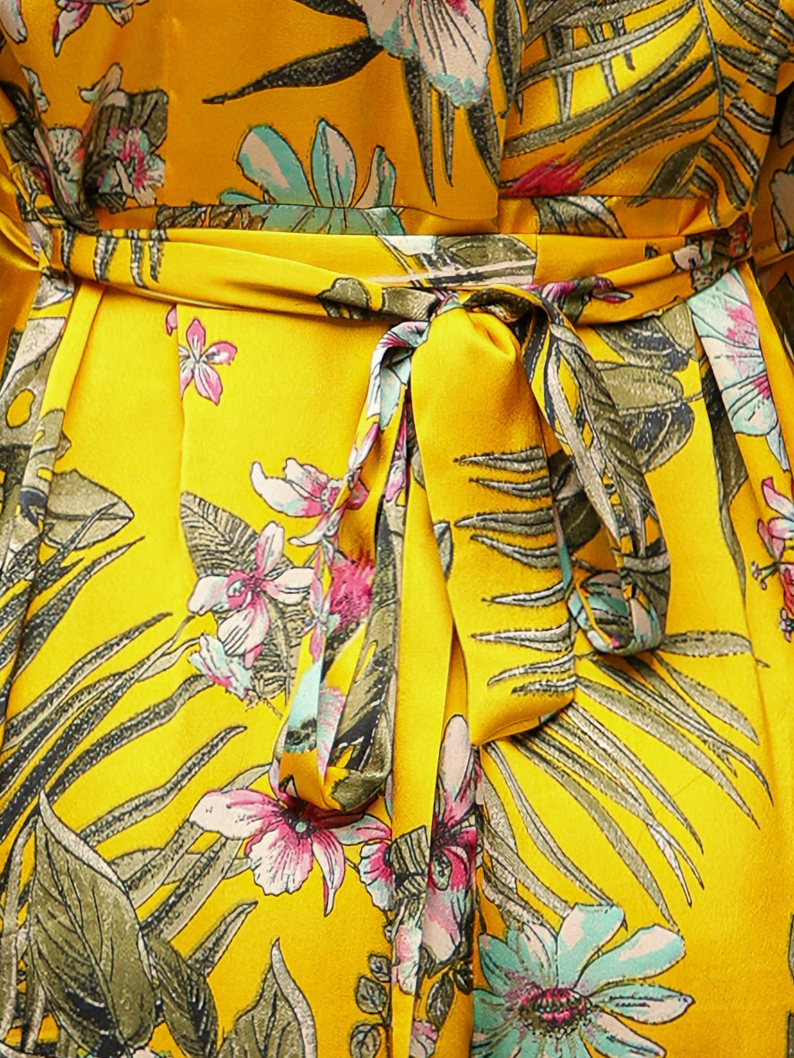 Palm Breeze Yellow Midi Satin Dress
