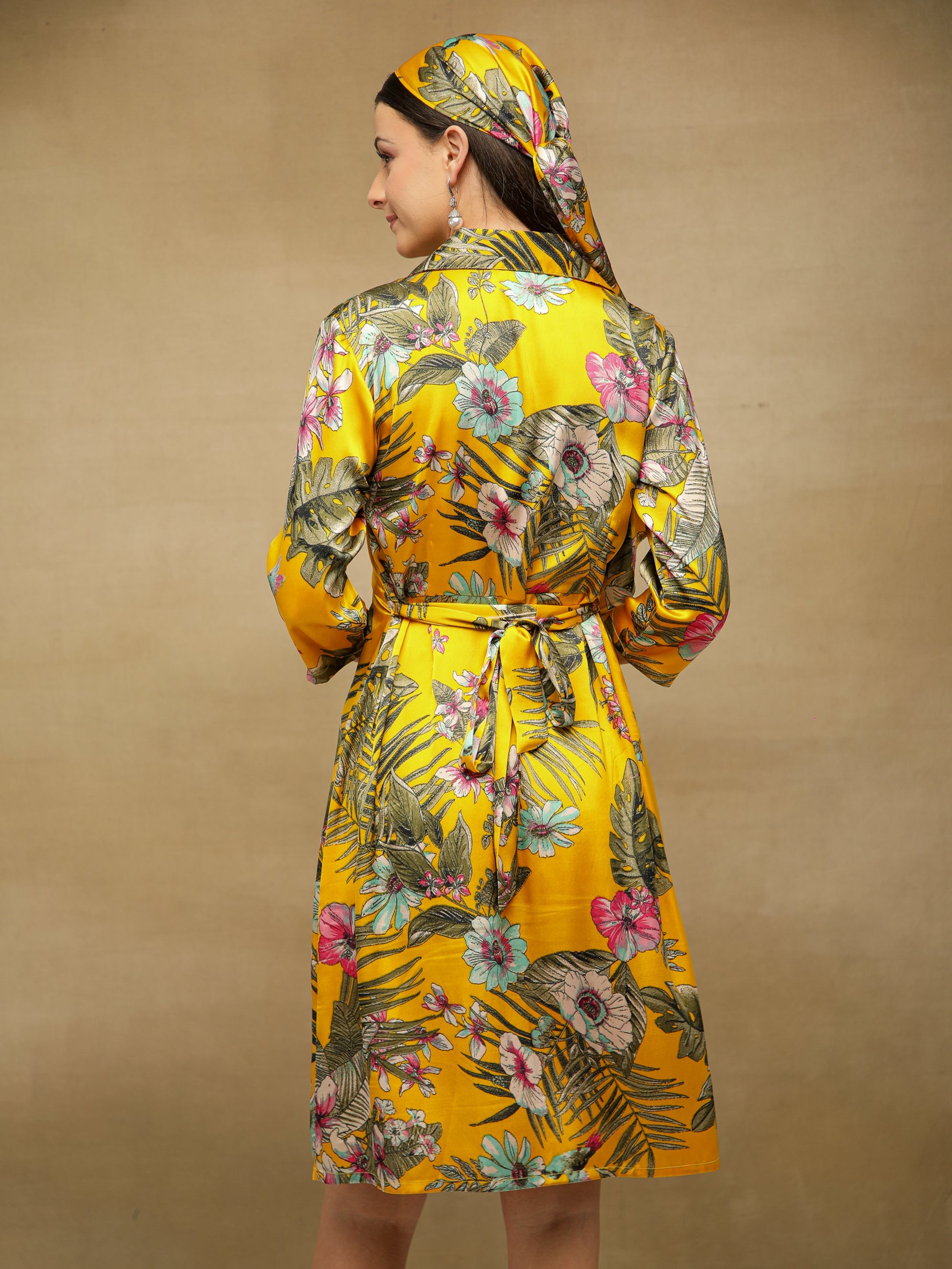 Palm Breeze Yellow Midi Satin Dress