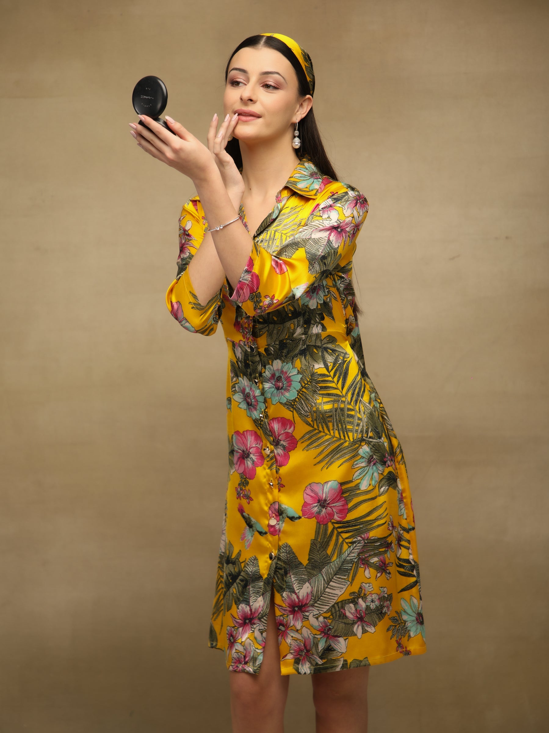 Palm Breeze Yellow Midi Satin Dress