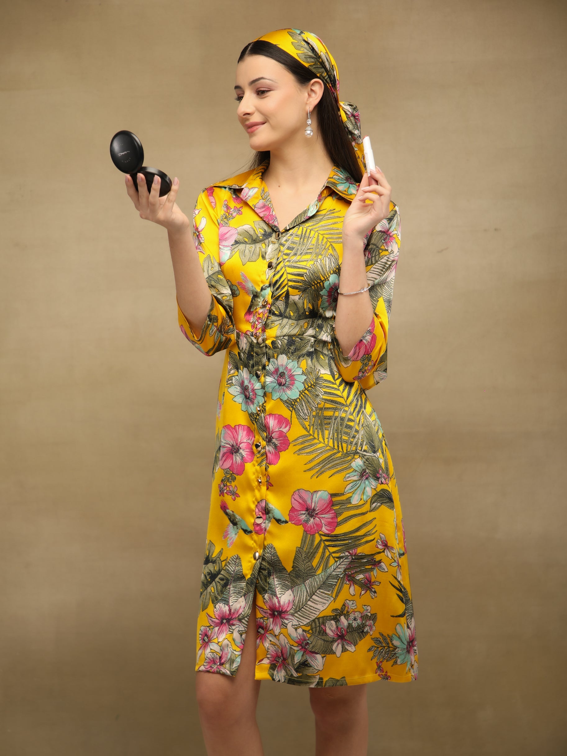 Palm Breeze Yellow Midi Satin Dress