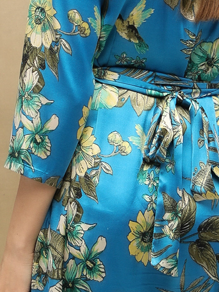 Palm Breeze Azure Midi Satin Dress