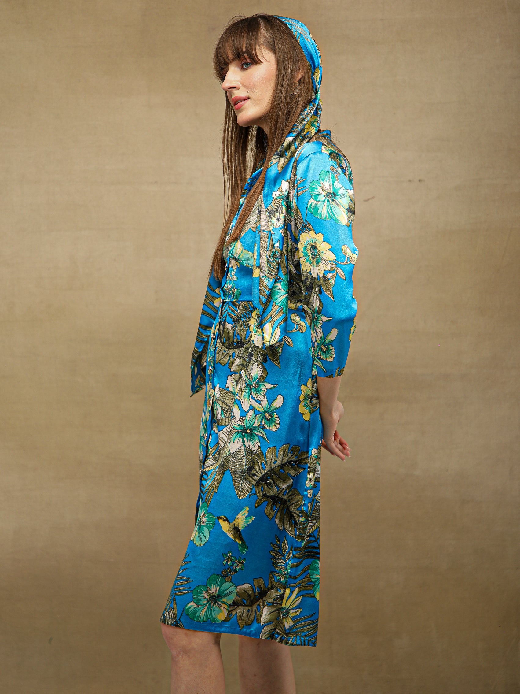 Palm Breeze Azure Midi Satin Dress