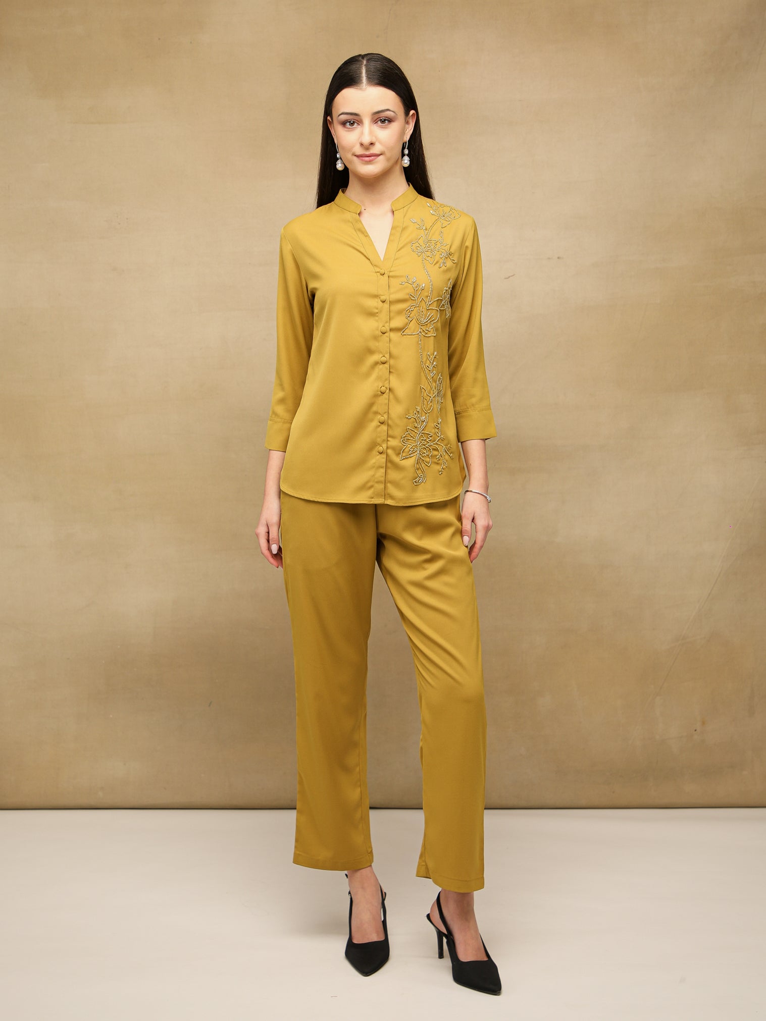 One-Side Embellished Mustard Co-ord Set