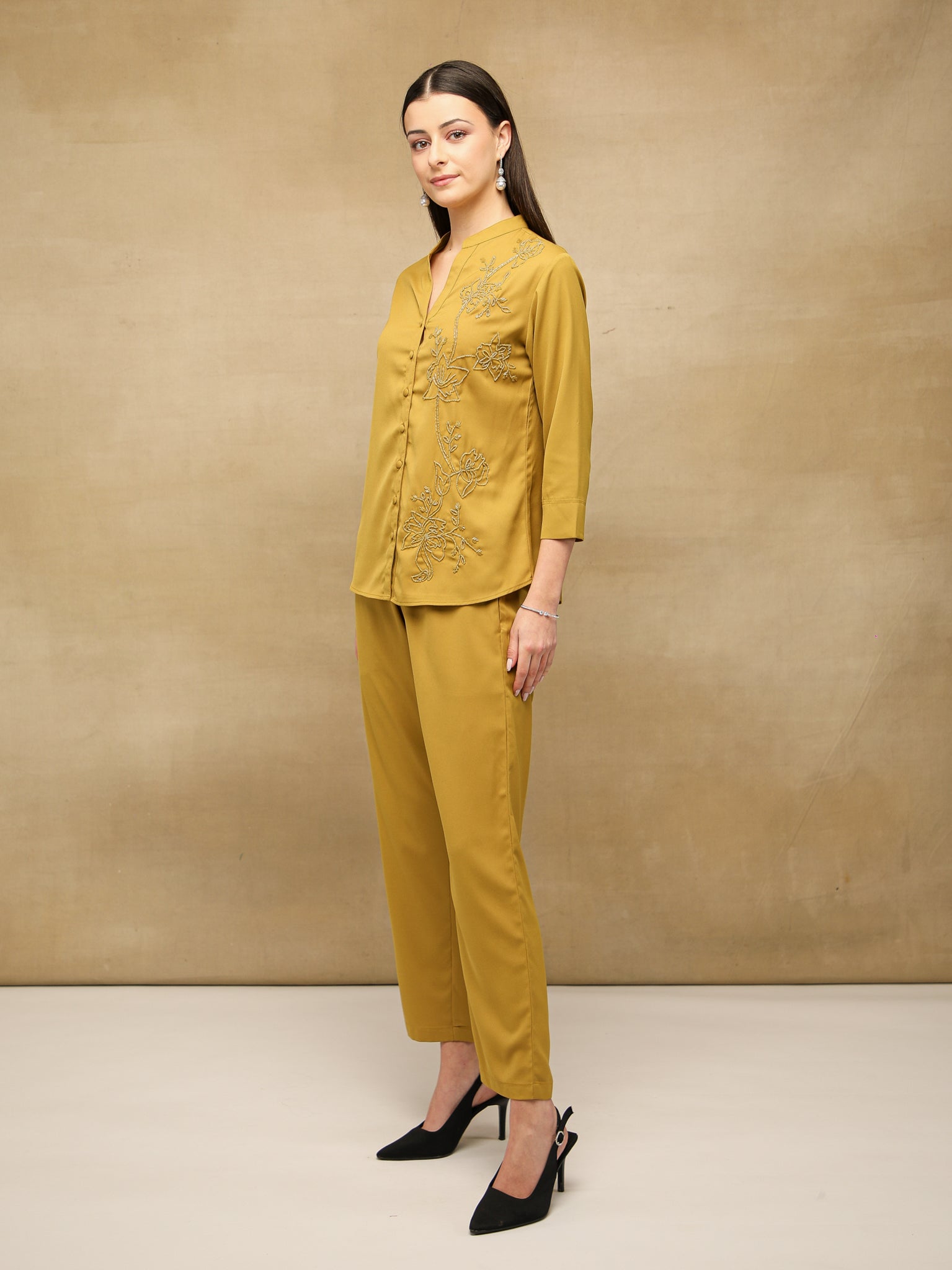 One-Side Embellished Mustard Co-ord Set