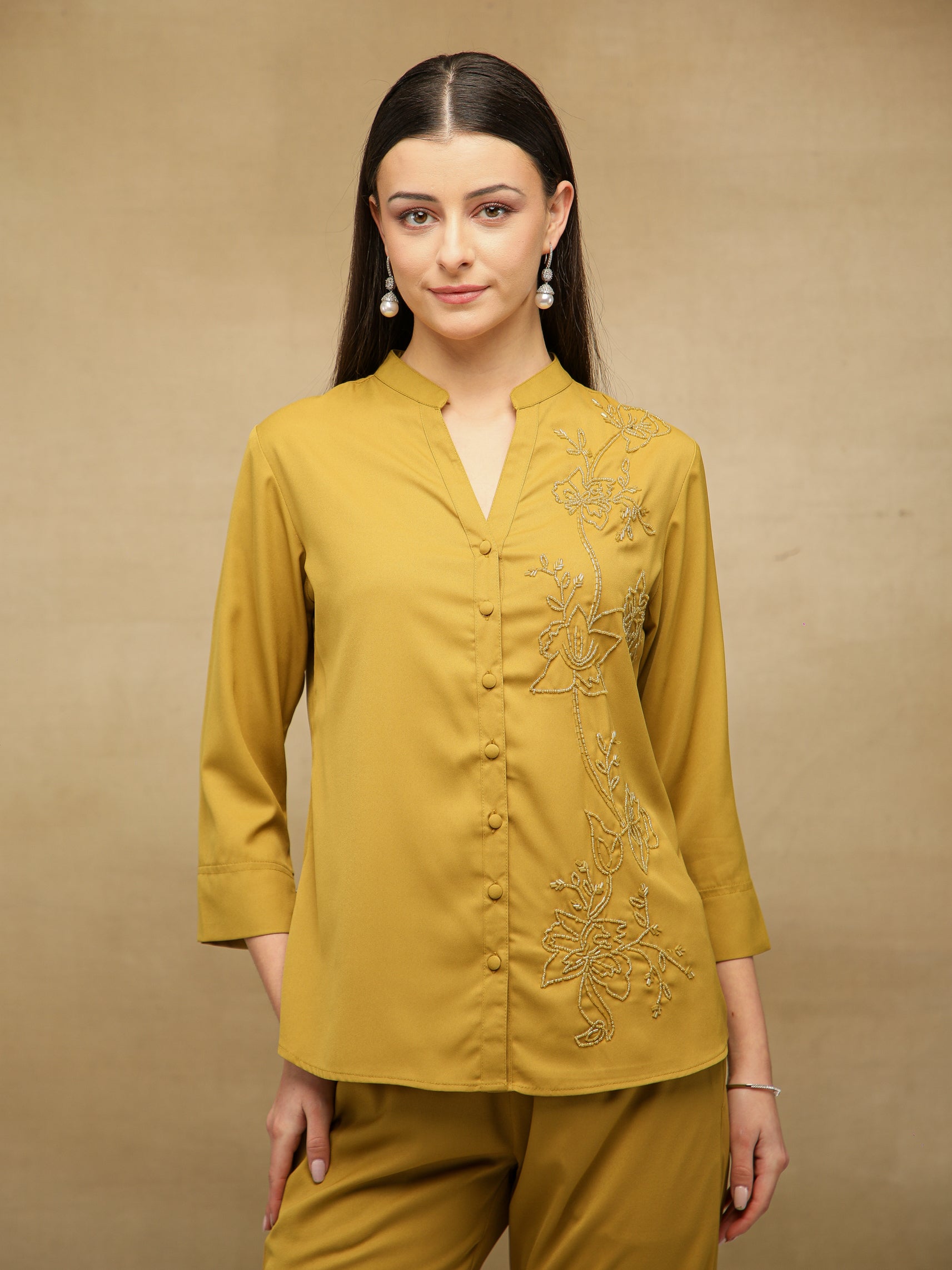 One-Side Embellished Mustard Co-ord Set