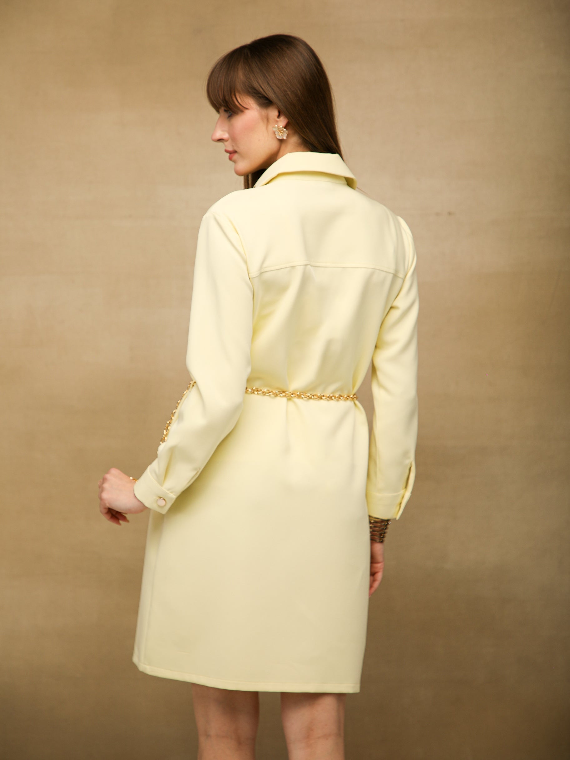 Sequins Collar Butter Yellow Shirt Dress
