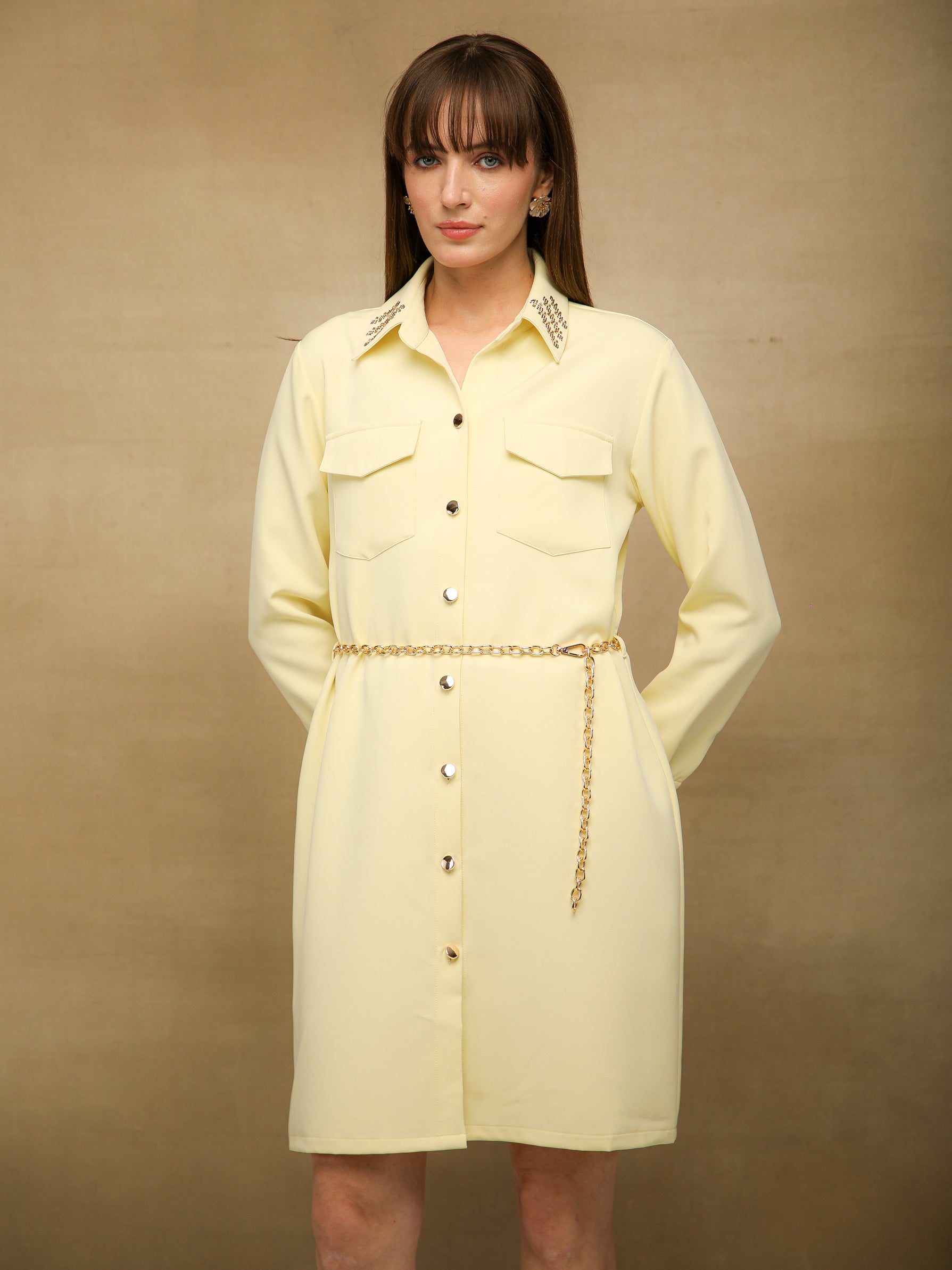 Sequins Collar Butter Yellow Shirt Dress