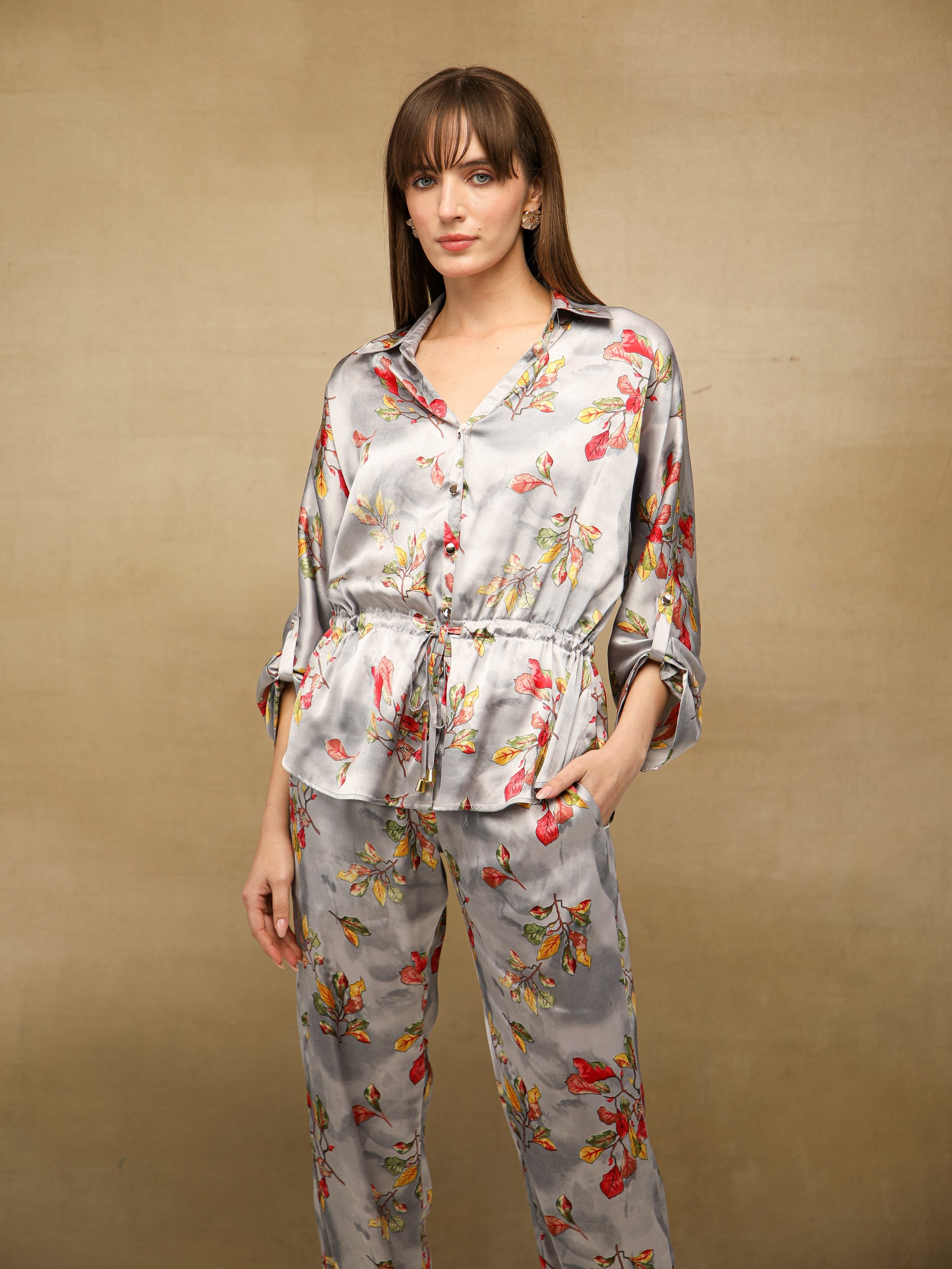 Floral Drawstring Waist Grey Co-ord Set