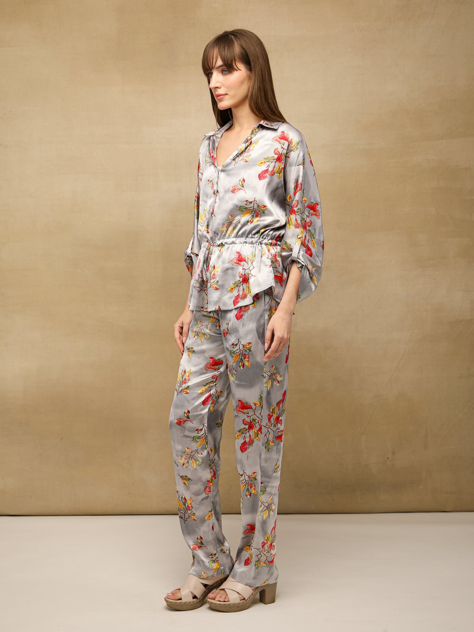 Floral Drawstring Waist Grey Co-ord Set