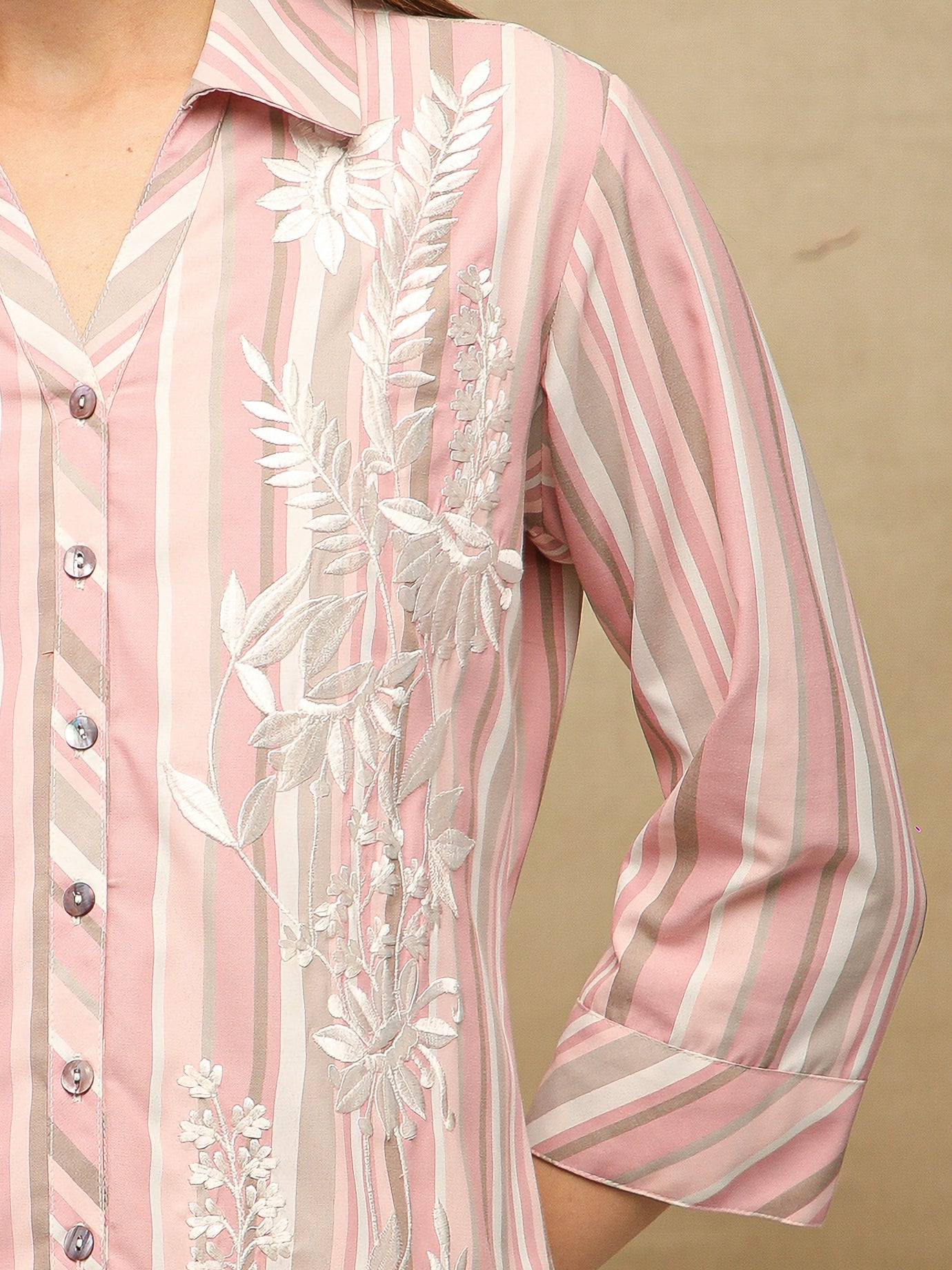 Embroidered Cotton Pink Stripe Shirt