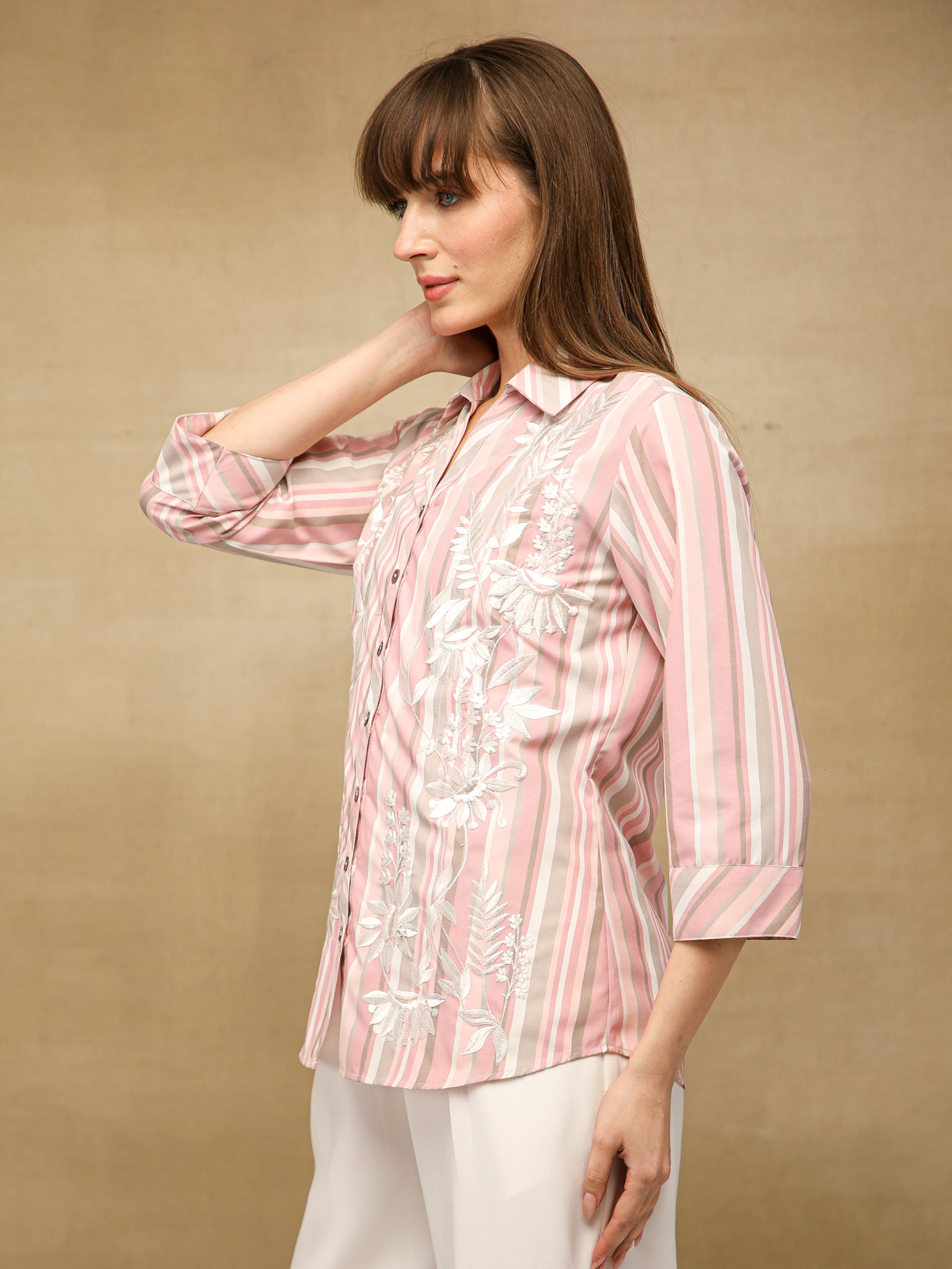 Embroidered Cotton Pink Stripe Shirt