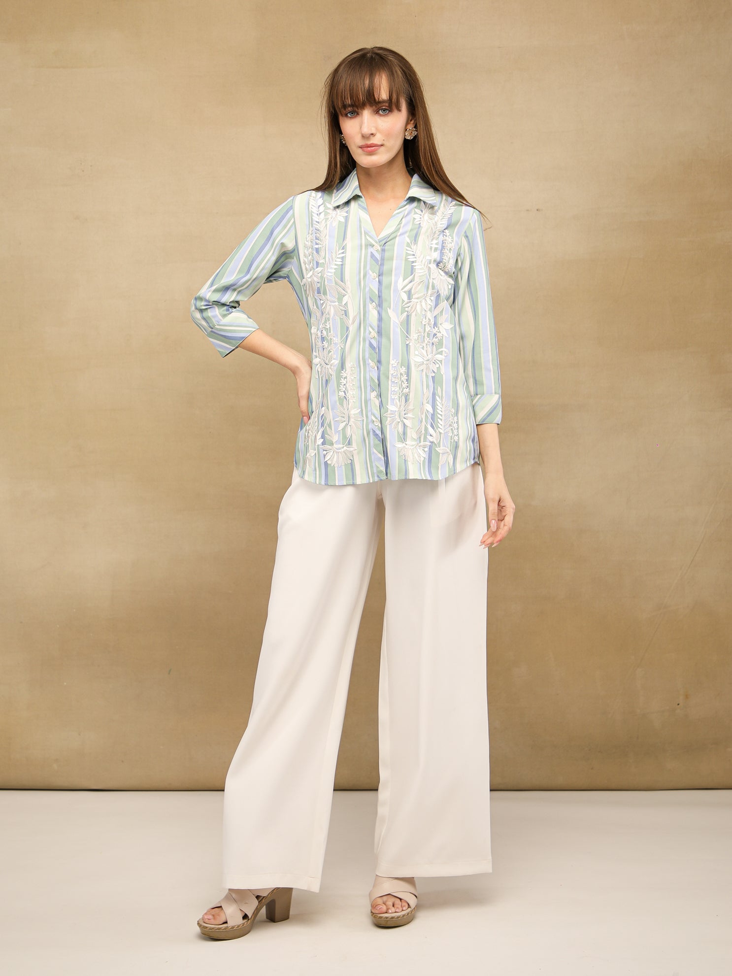Embroidered Cotton Aqua Stripe Shirt