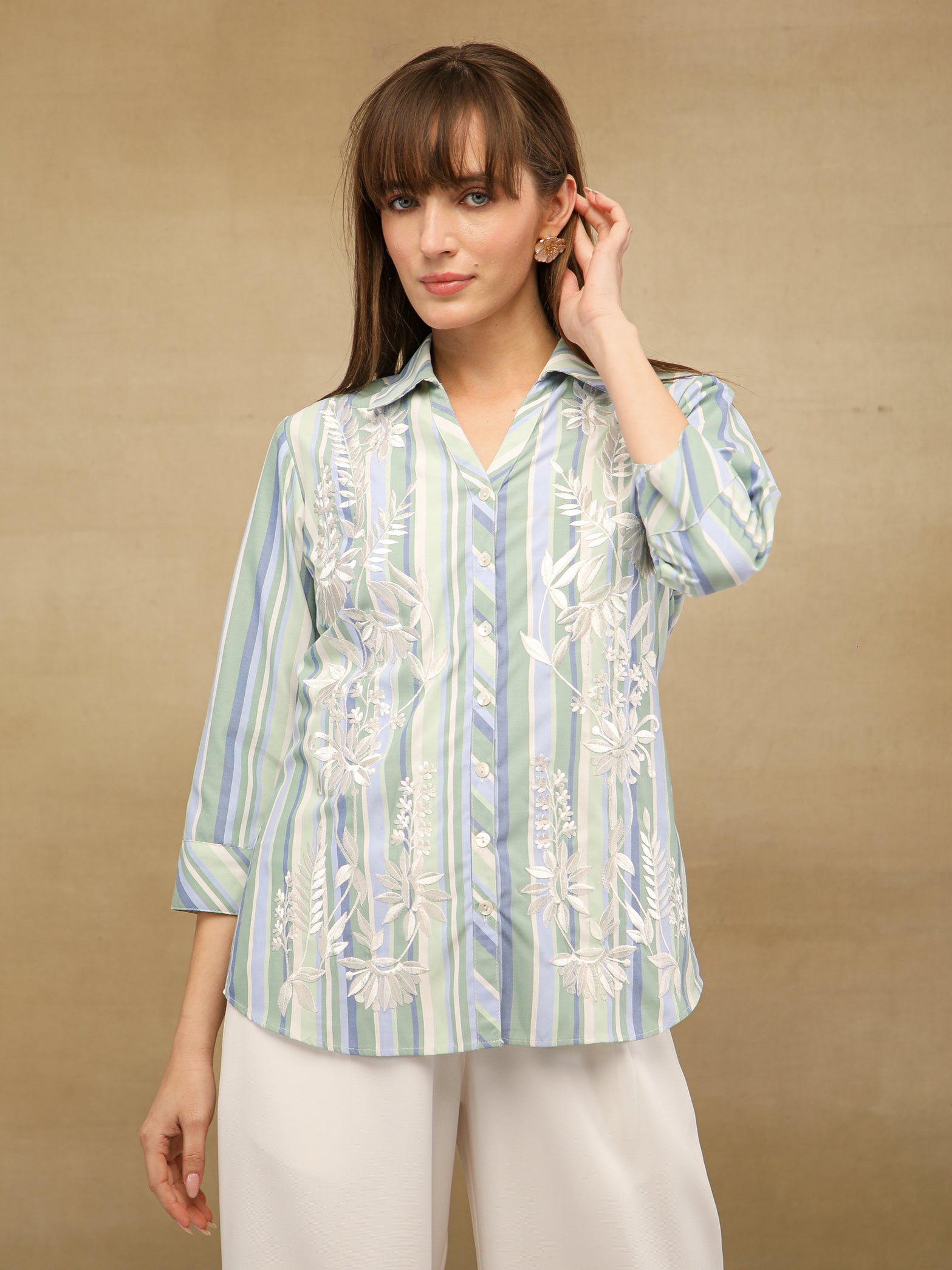 Embroidered Cotton Aqua Stripe Shirt