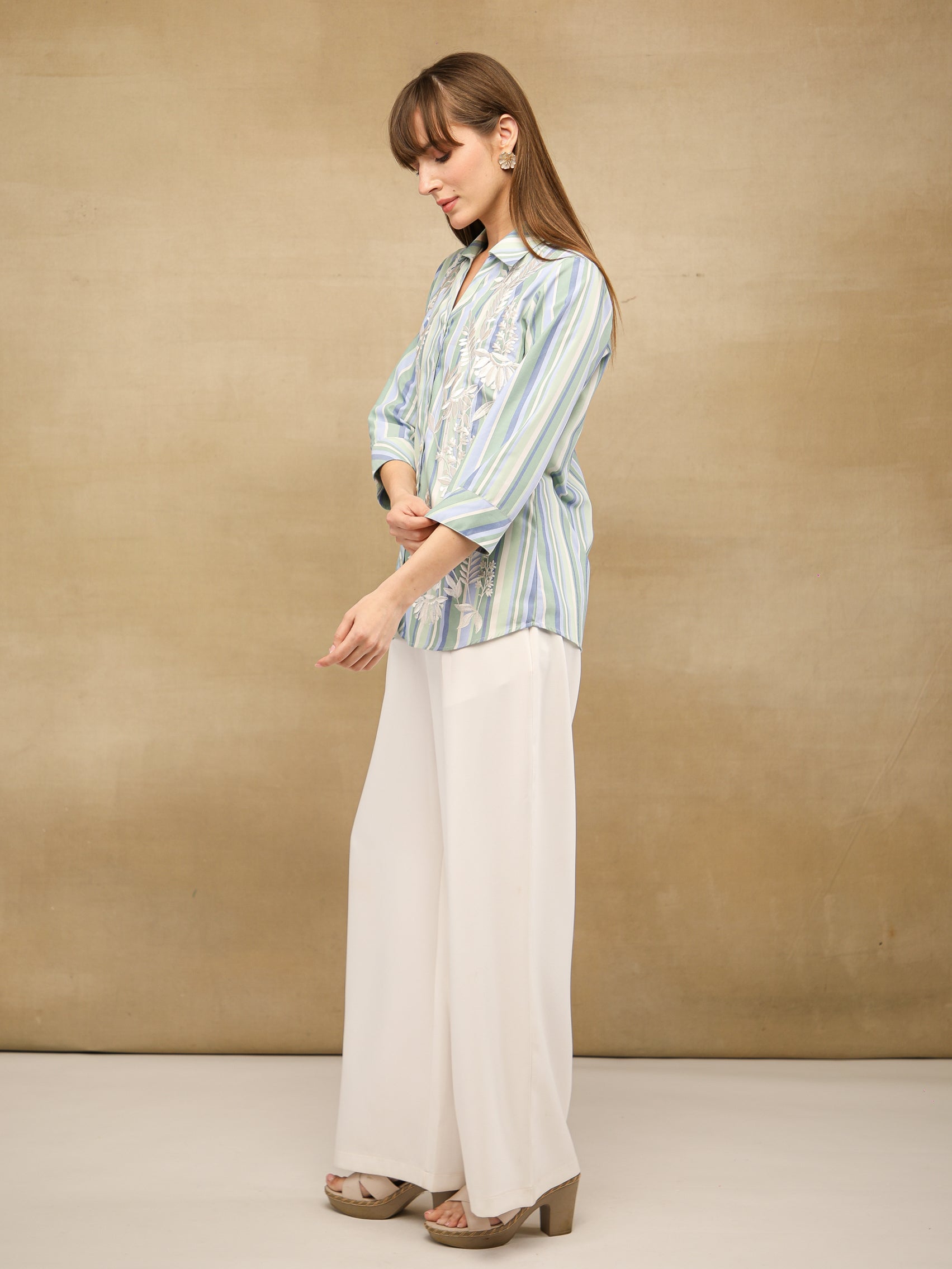 Embroidered Cotton Aqua Stripe Shirt