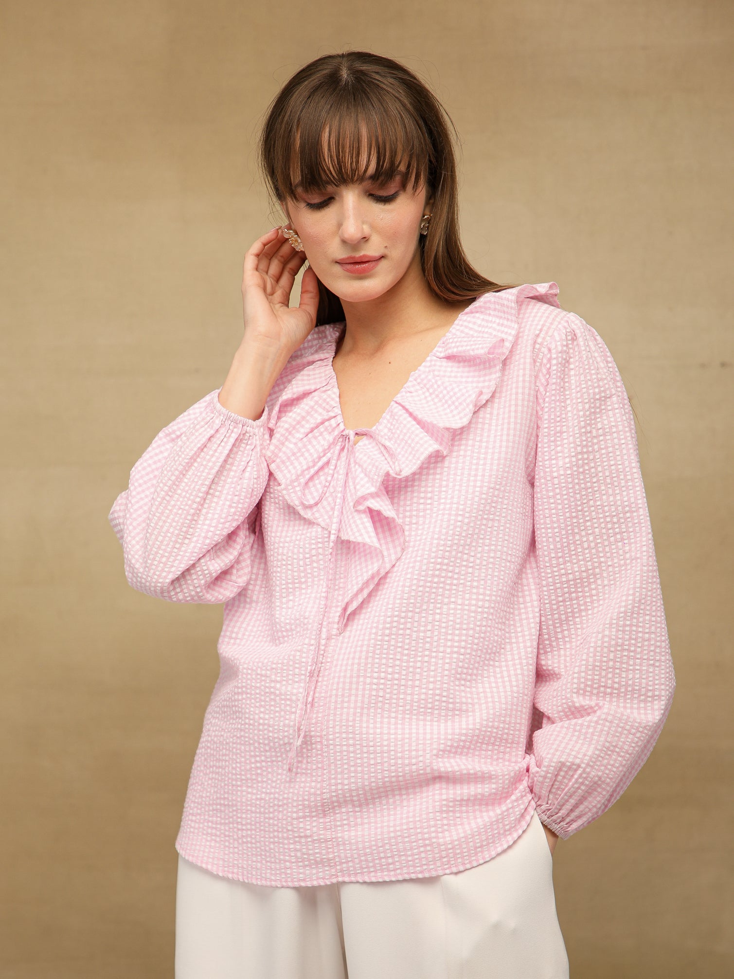 Ghingham Check Front Frill Pink Top