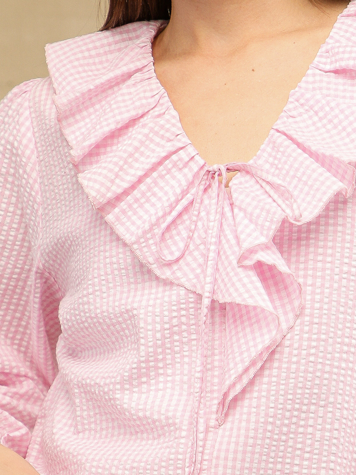 Ghingham Check Front Frill Pink Top