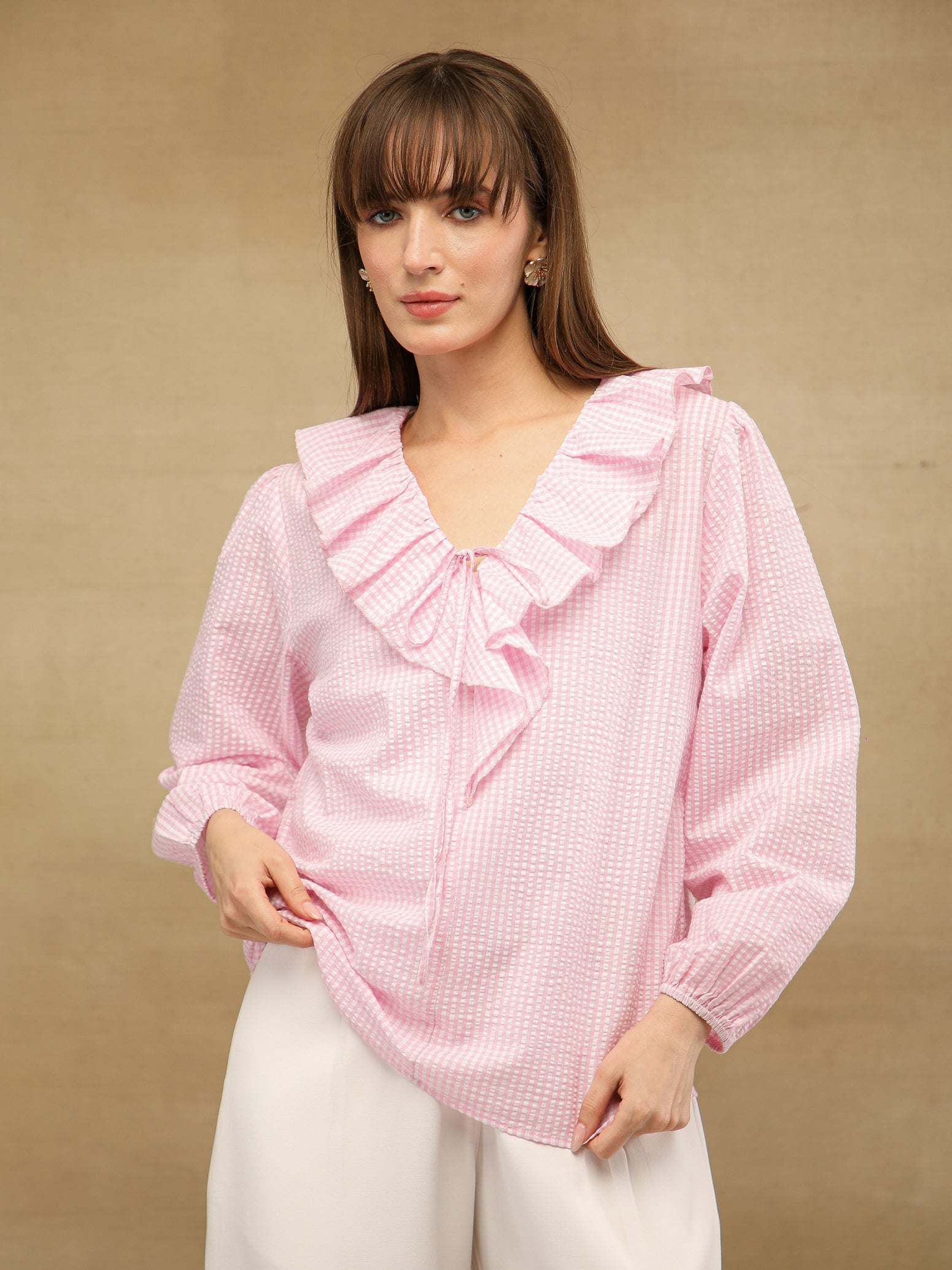 Ghingham Check Front Frill Pink Top