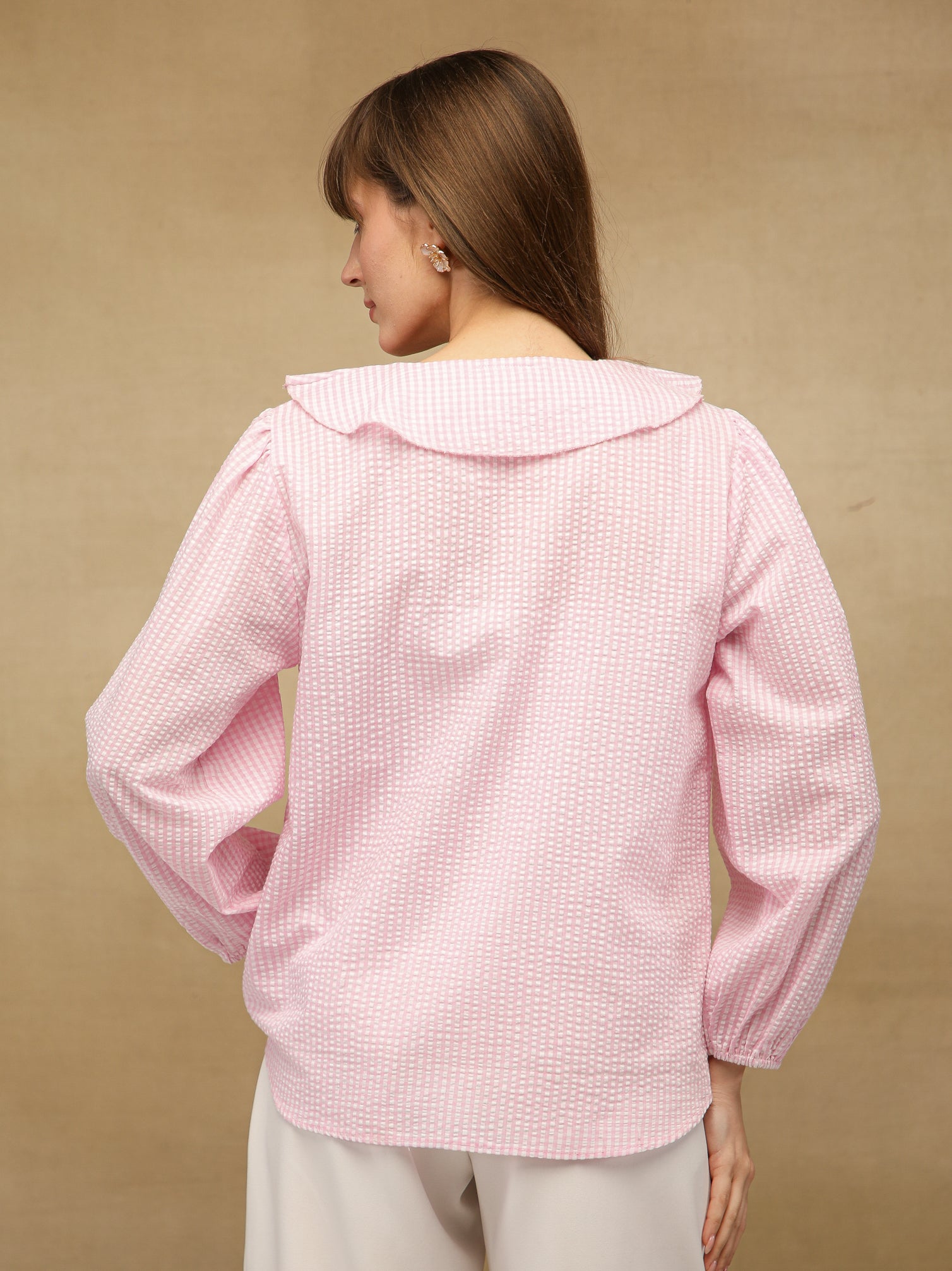 Ghingham Check Front Frill Pink Top