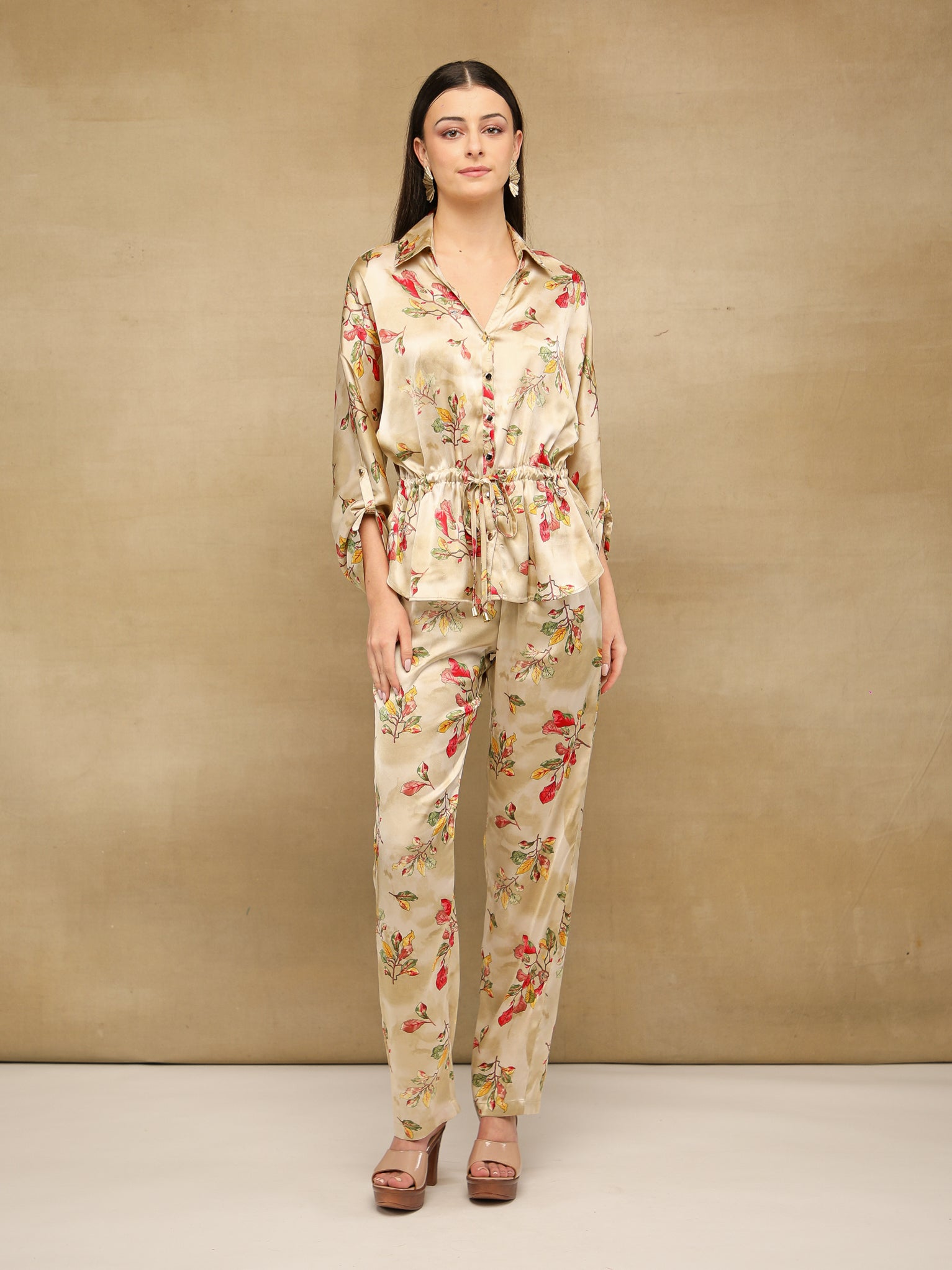 Floral Drawstring Waist Beige Co-ord Set