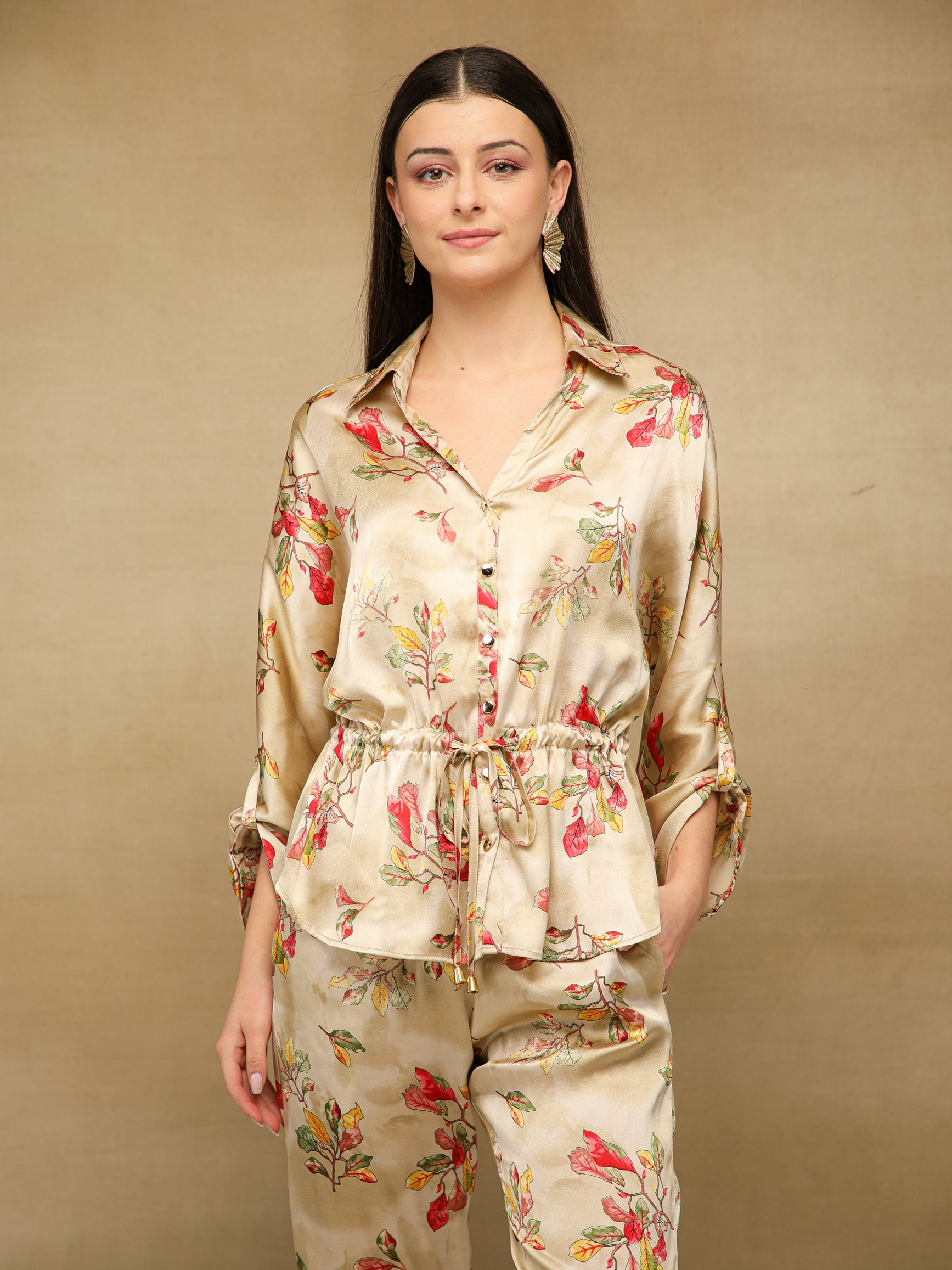 Floral Drawstring Waist Beige Co-ord Set