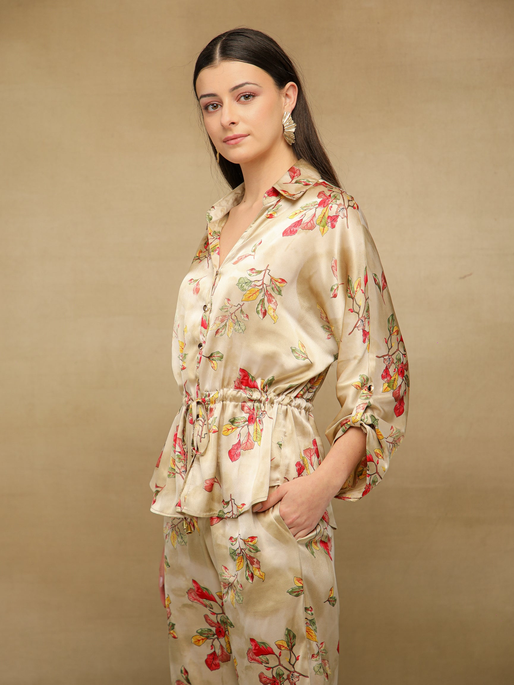 Floral Drawstring Waist Beige Co-ord Set