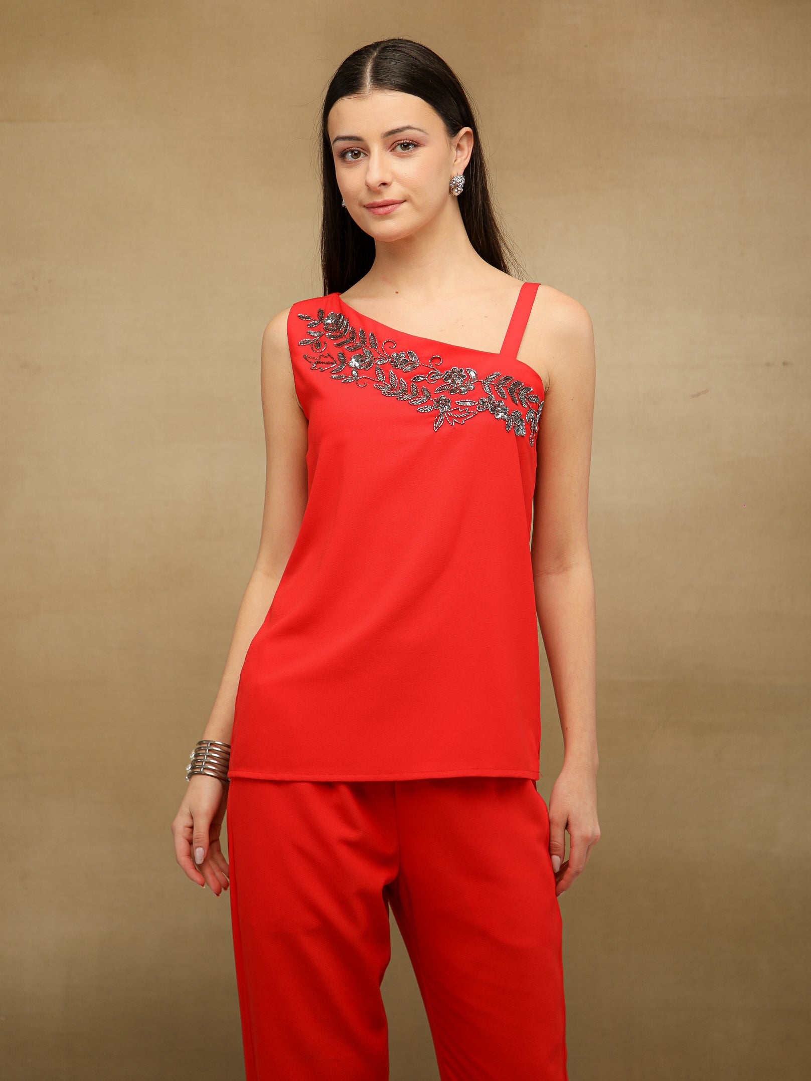 Sequins Asymmetric Red Co-ord Set